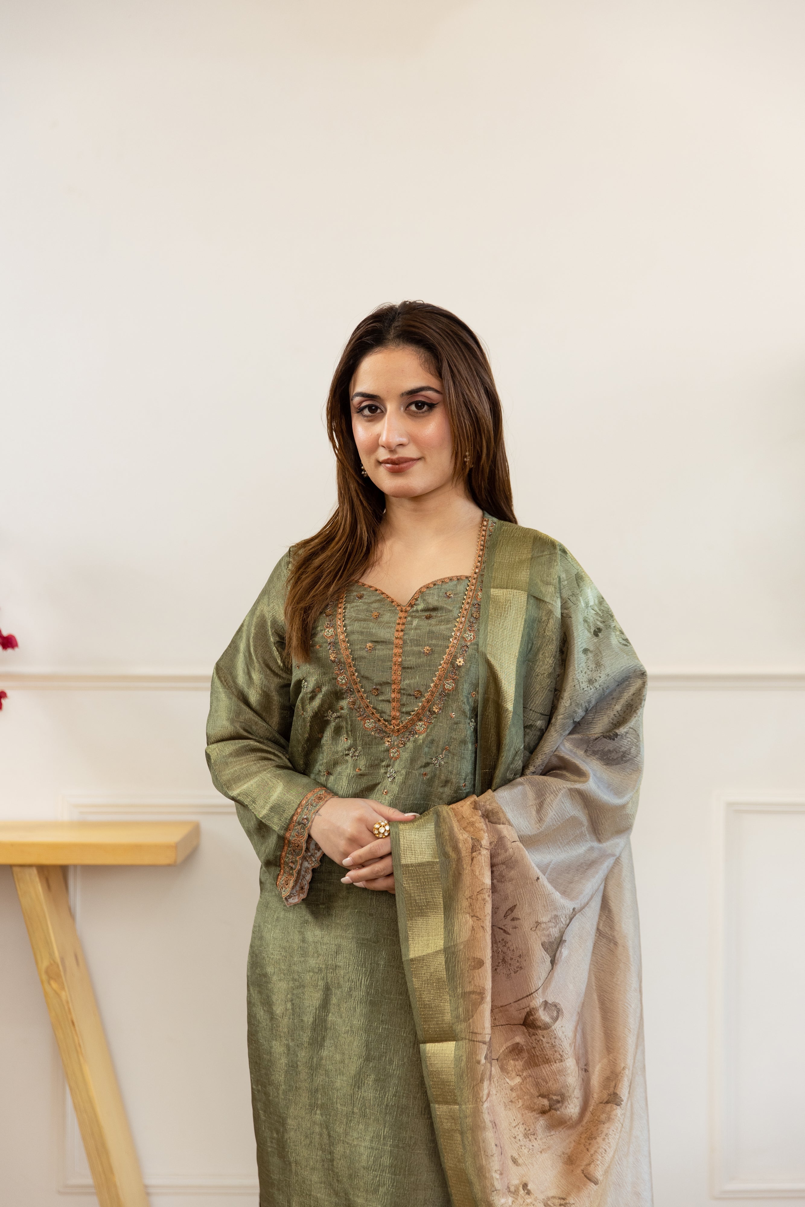 Green Tissue Simmer Kurta Pant and Dupatta Set