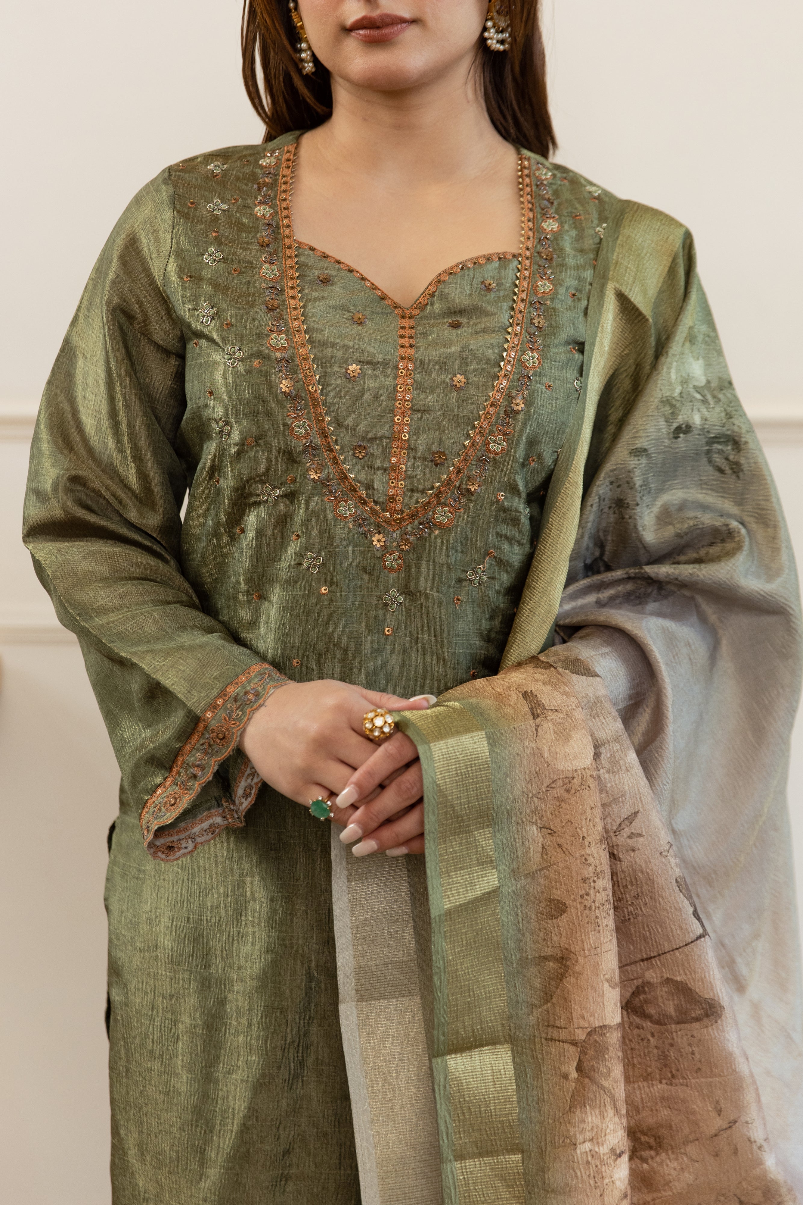 Green Tissue Simmer Kurta Pant and Dupatta Set