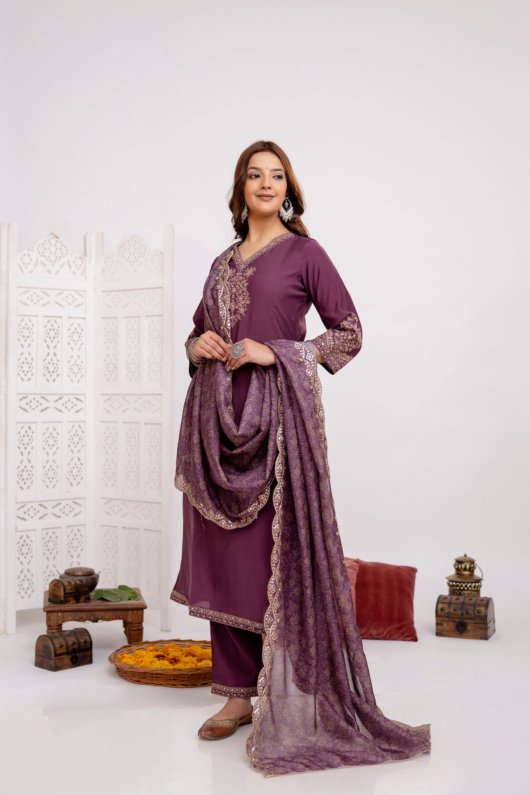 Women's Violet Muslin Kurta Pantand Dupatta Set