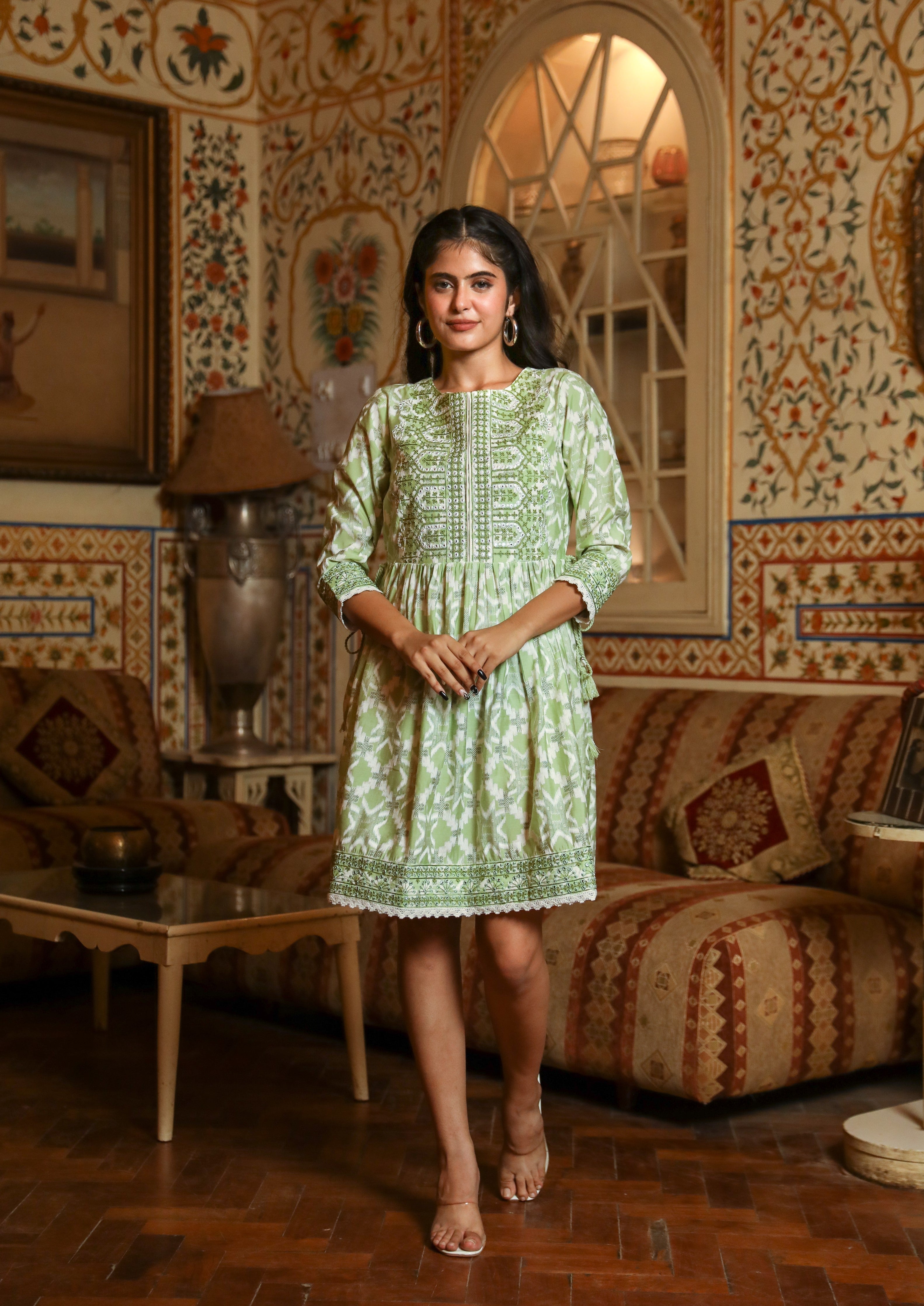 Women Pista Green Muslin Middy Tunic