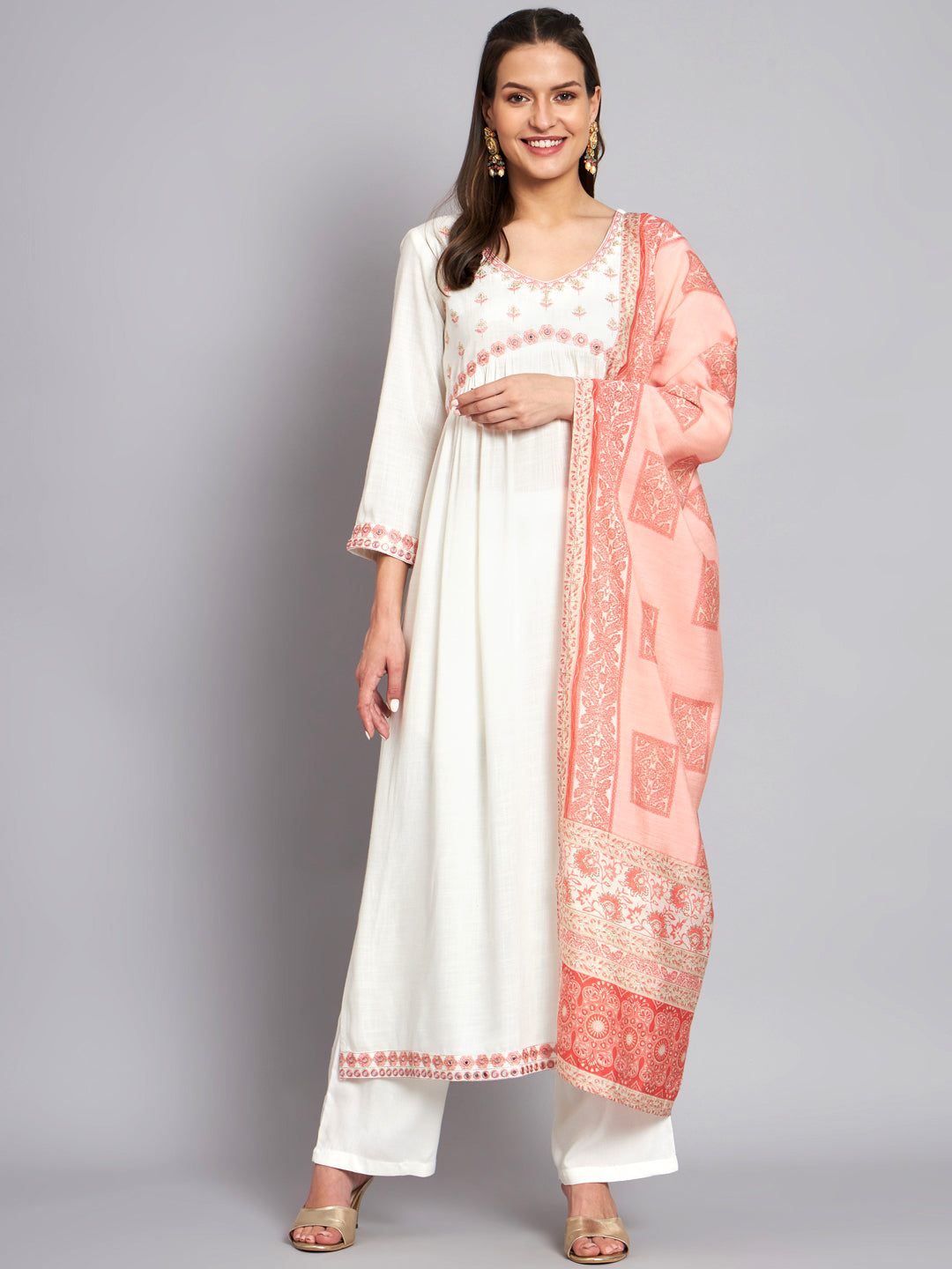 Women's Rayon White Alia Cut A-Line Kurta with Dupatta Set