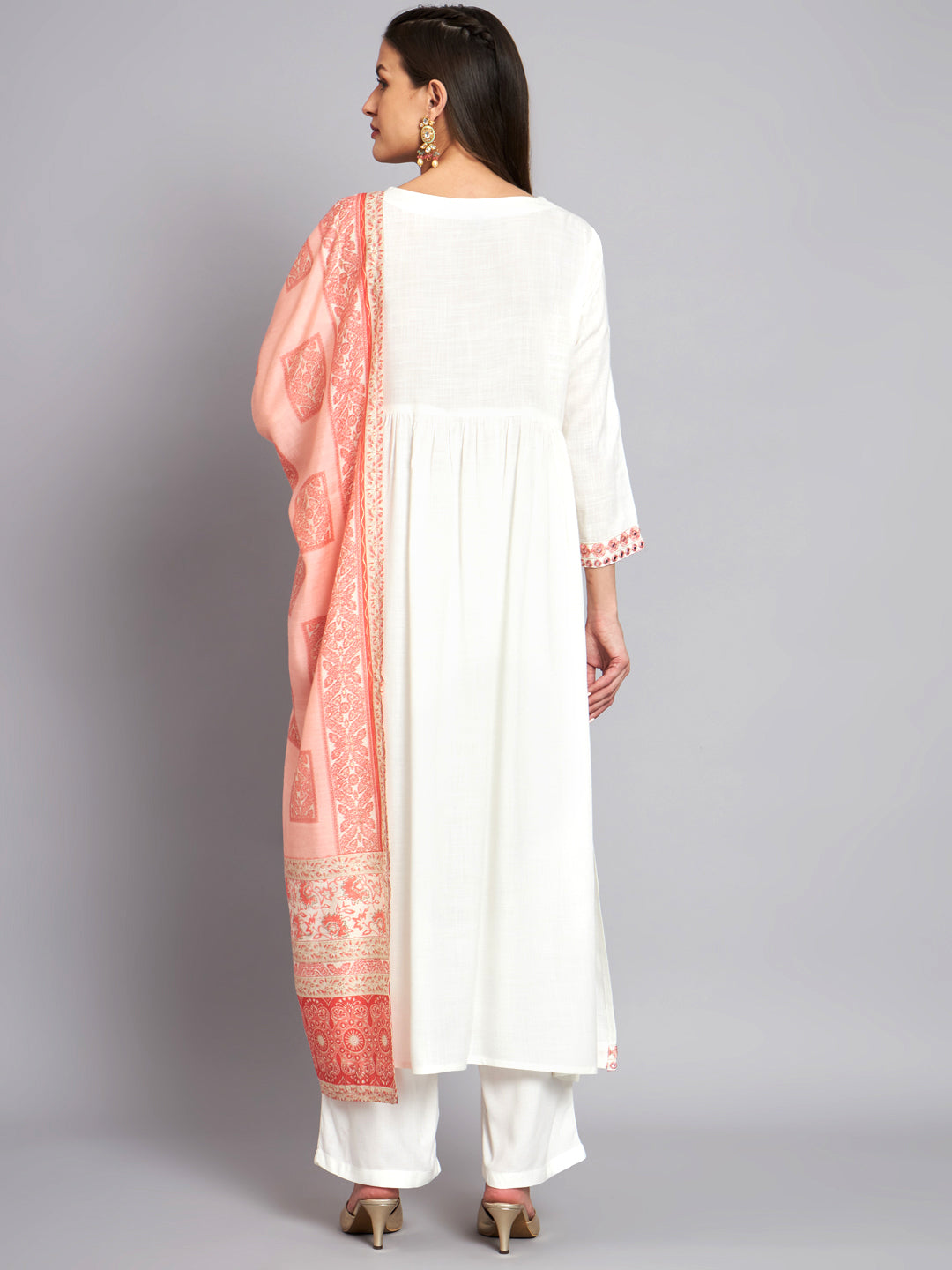 Women's Rayon White Alia Cut A-Line Kurta with Dupatta Set