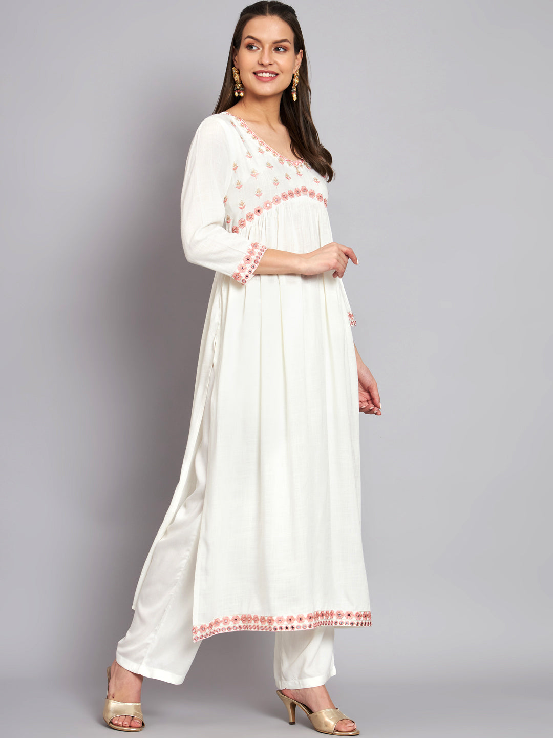 Women's Rayon White Alia Cut A-Line Kurta with Dupatta Set