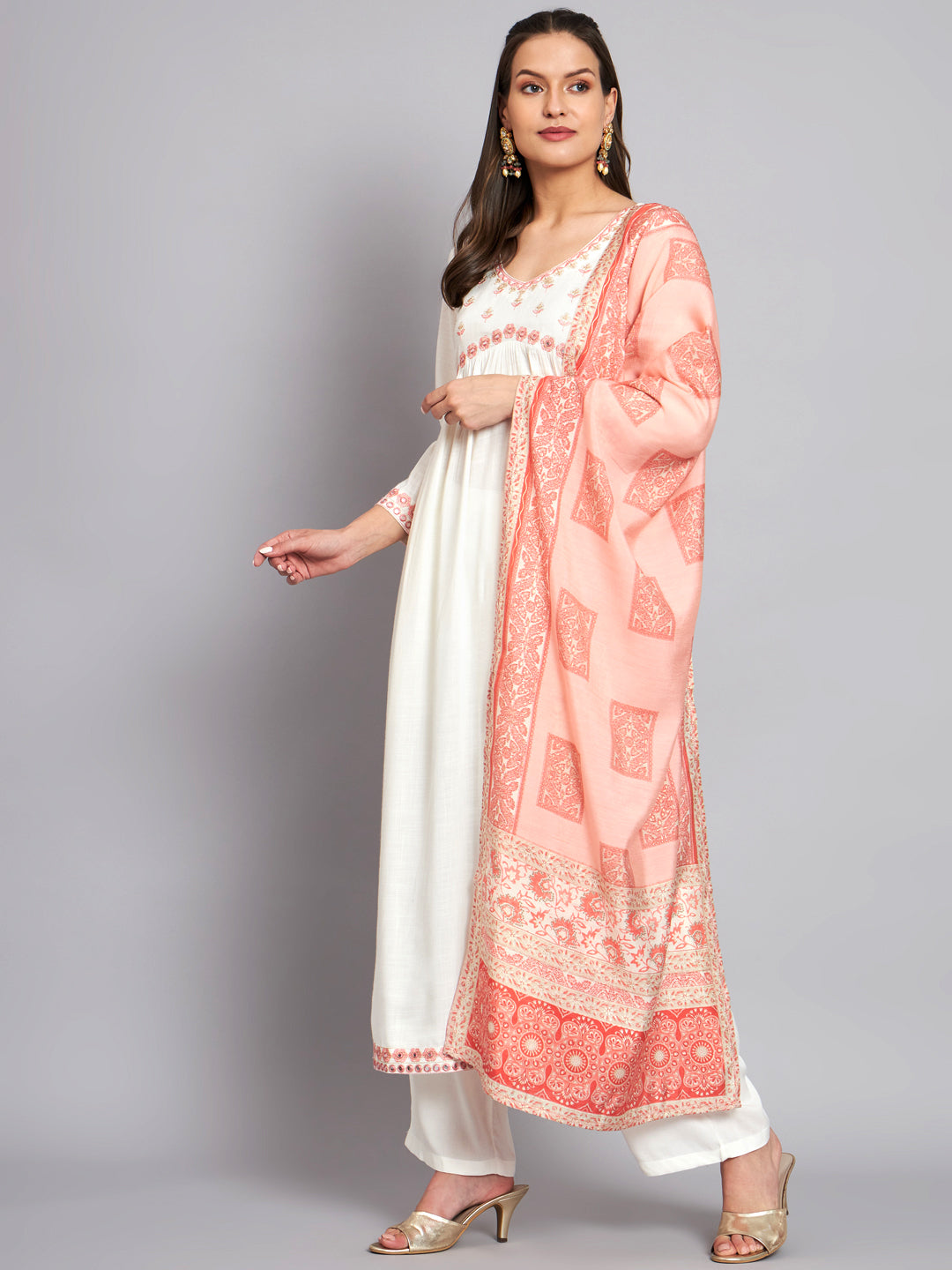 Women's Rayon White Alia Cut A-Line Kurta with Dupatta Set