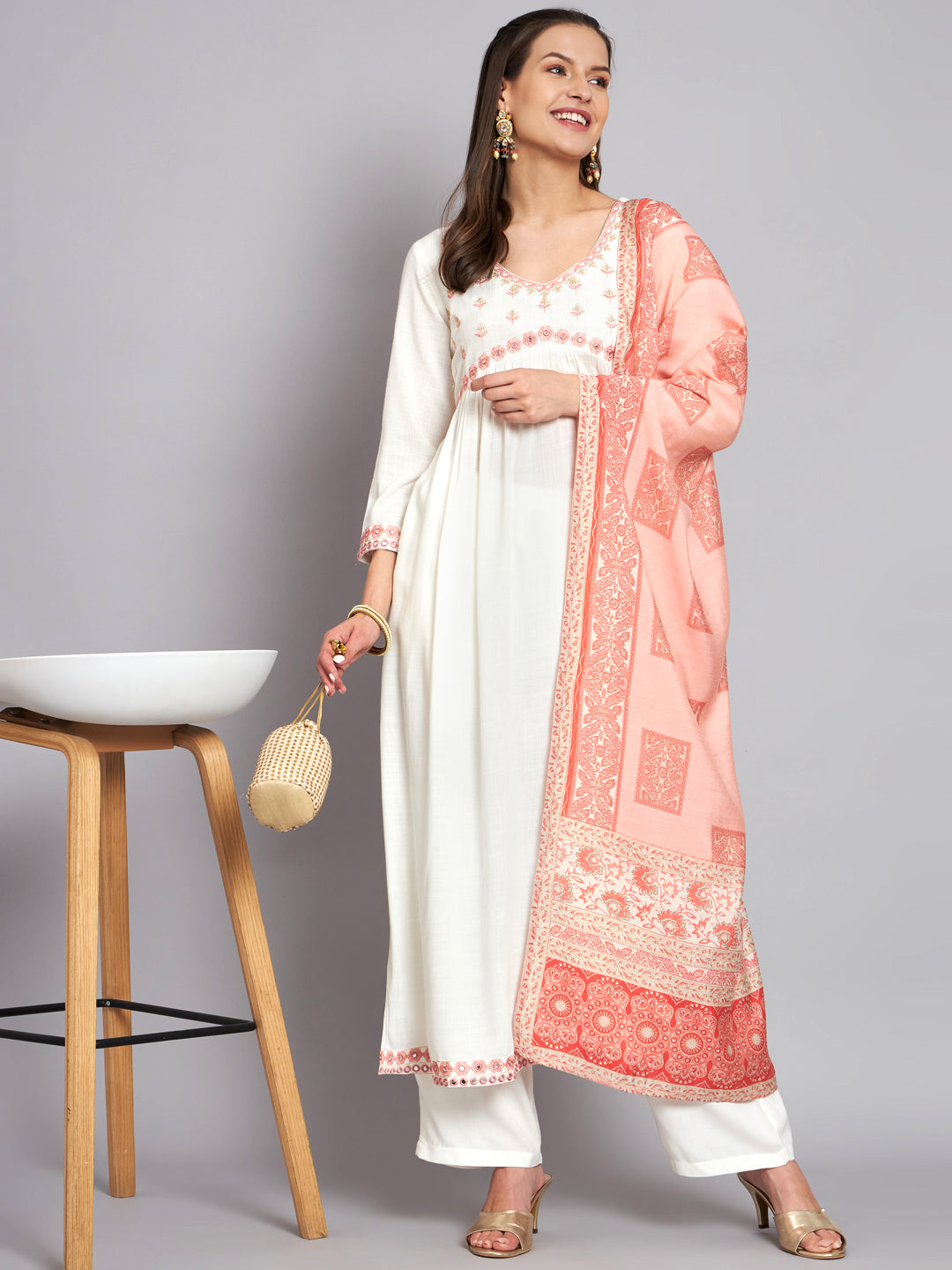 Women's Rayon White Alia Cut A-Line Kurta with Dupatta Set