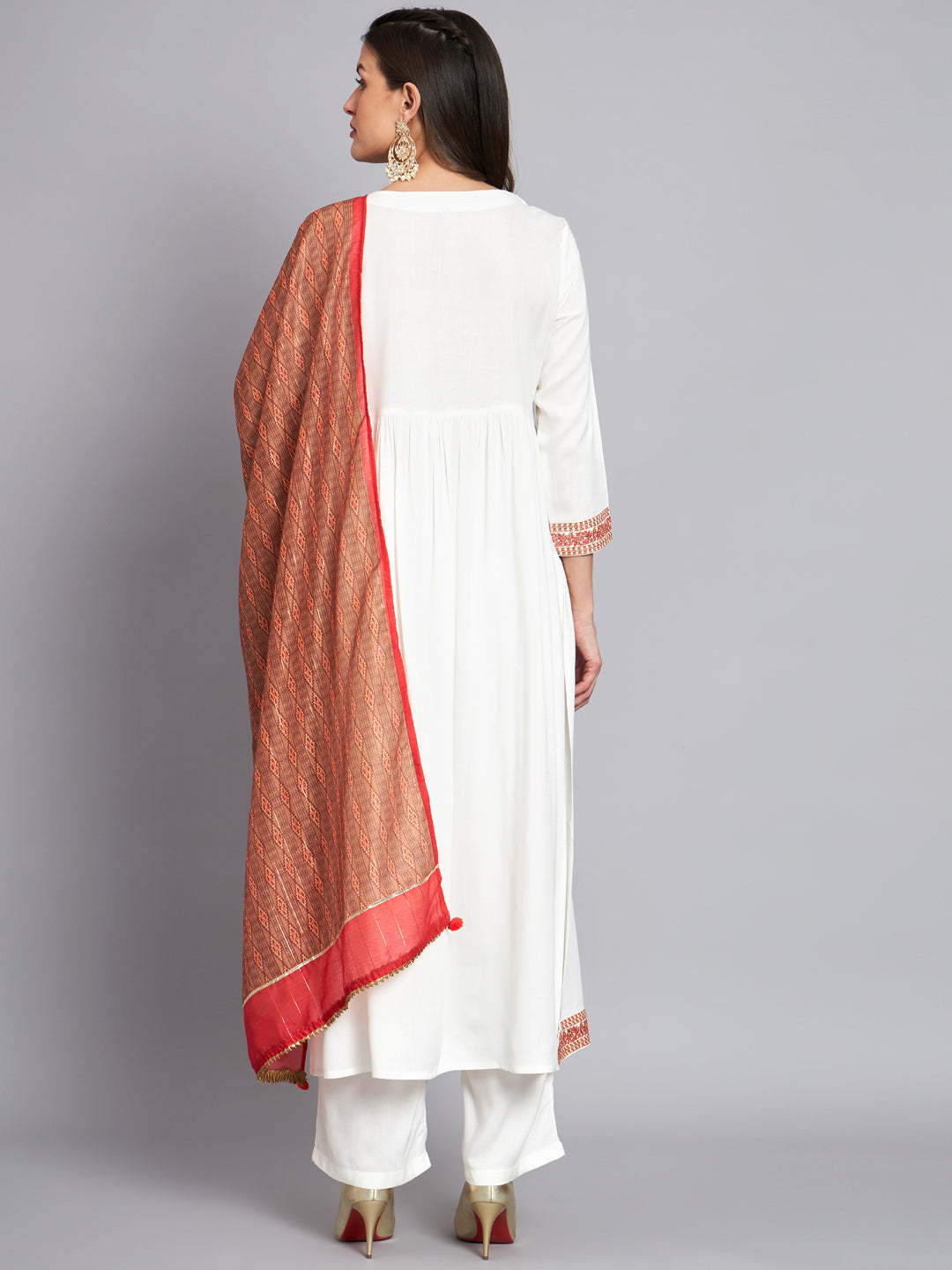 Women's Rayon White Alia Cut A-Line Kurta with Dupatta Set