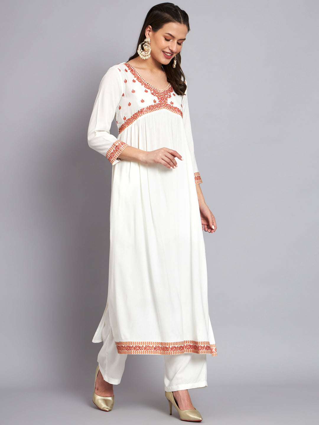 Women's Rayon White Alia Cut A-Line Kurta with Dupatta Set