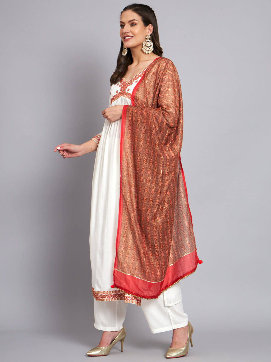 Women's Rayon White Alia Cut A-Line Kurta with Dupatta Set