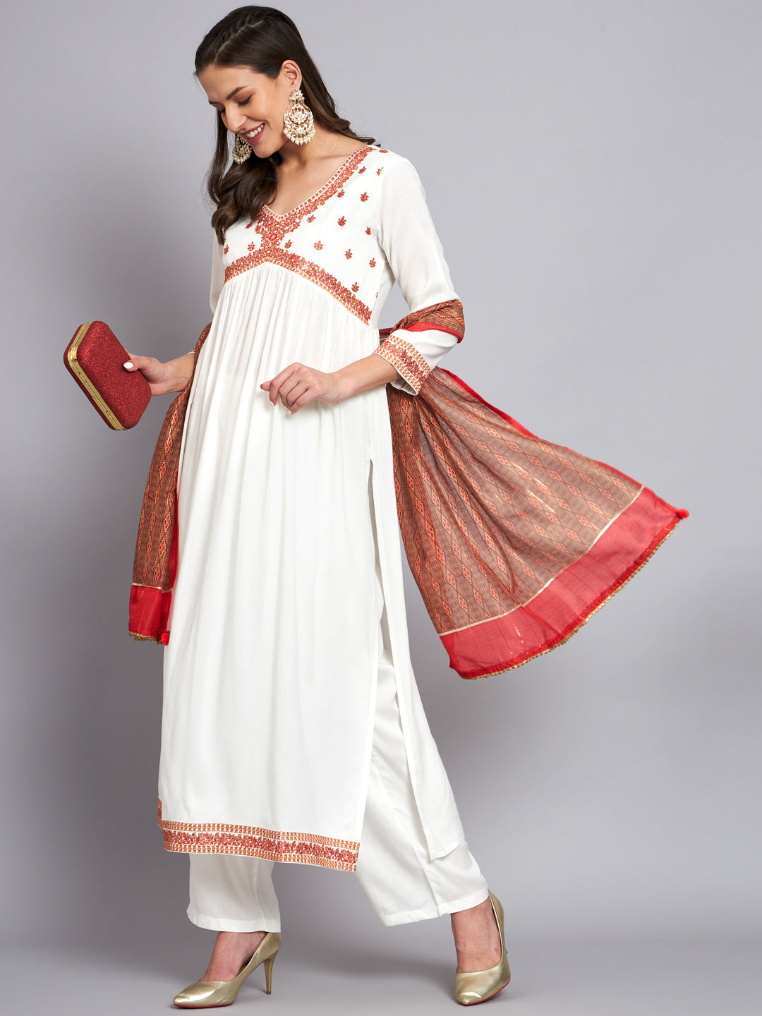Women's Rayon White Alia Cut A-Line Kurta with Dupatta Set