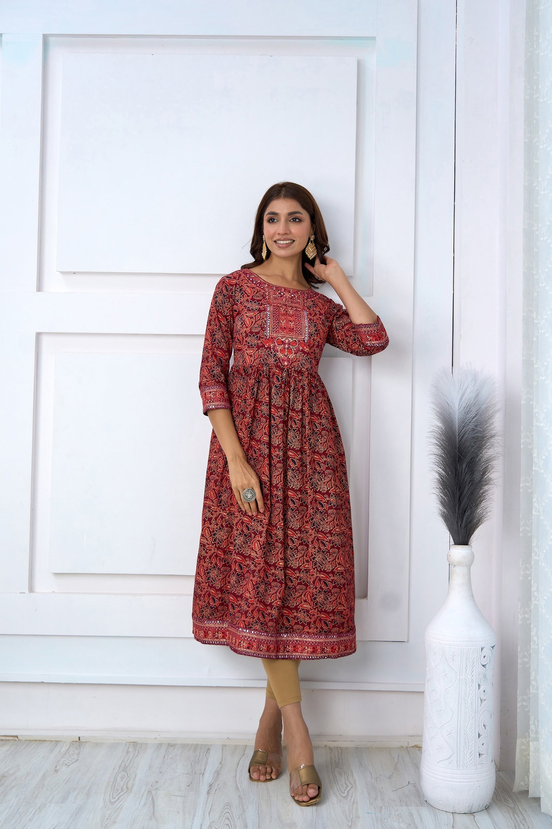 Womens Cotton Maroon Nyara Cut A-Line Kurta