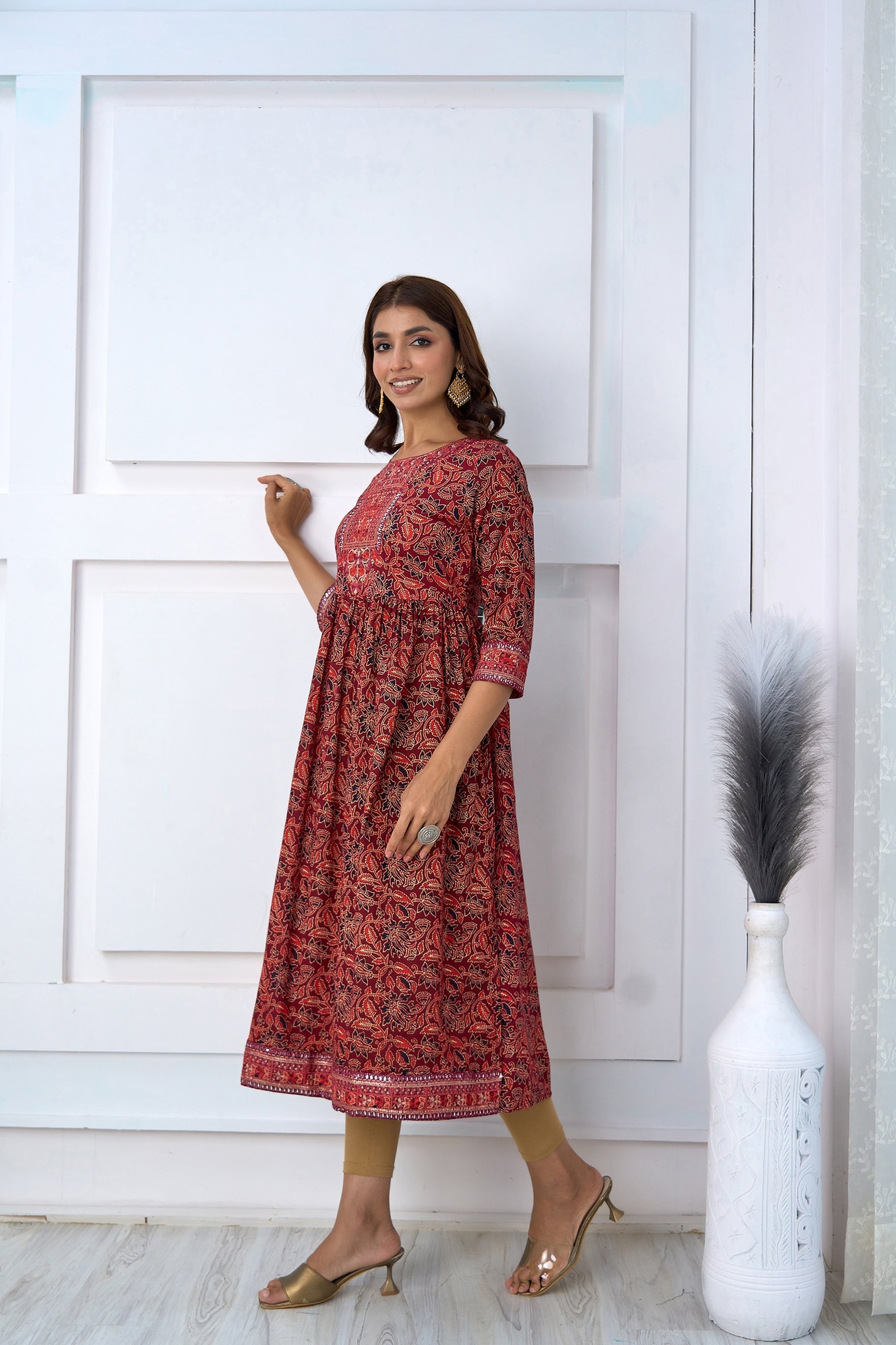 Womens Cotton Maroon Nyara Cut A-Line Kurta