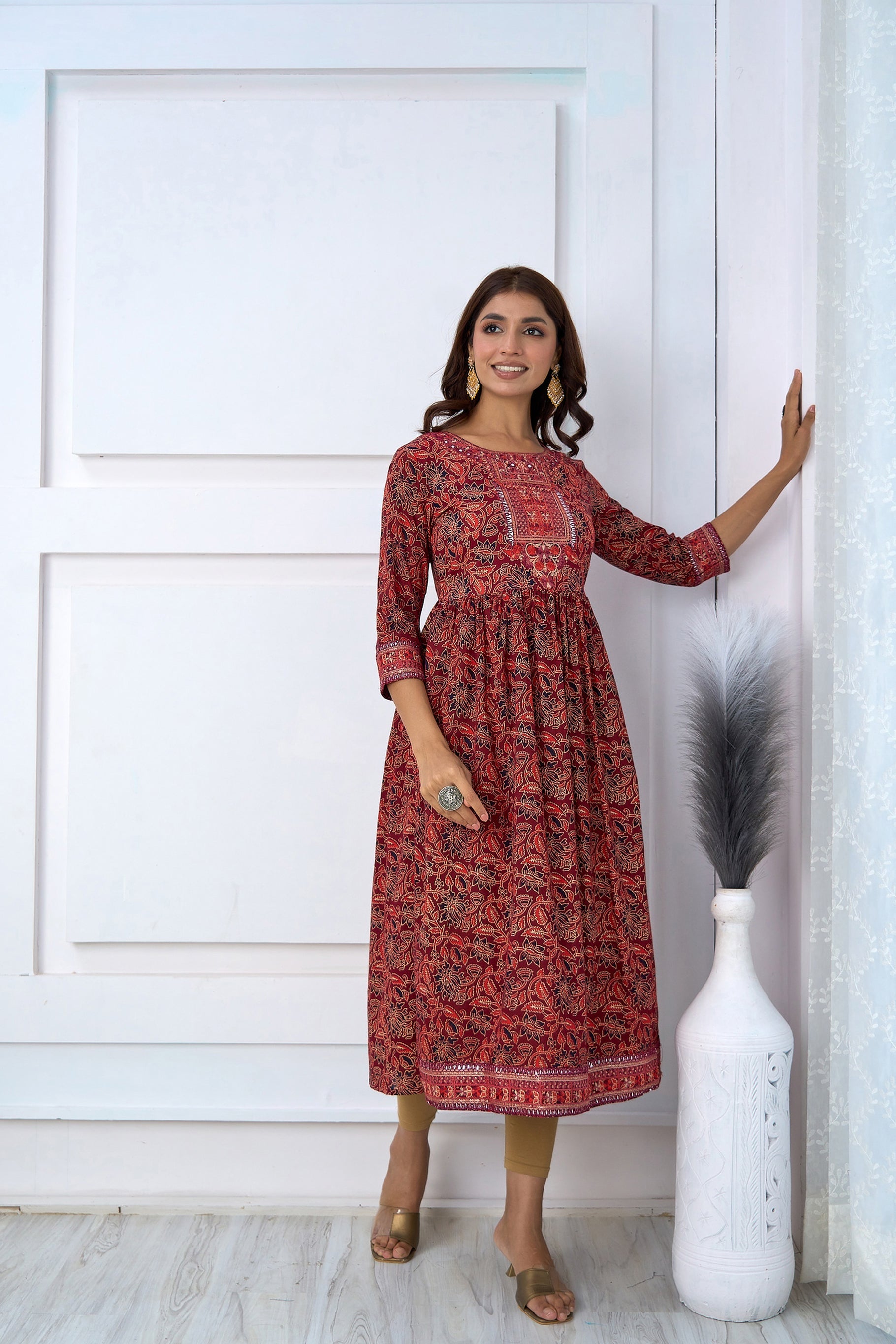 Womens Cotton Maroon Nyara Cut A-Line Kurta