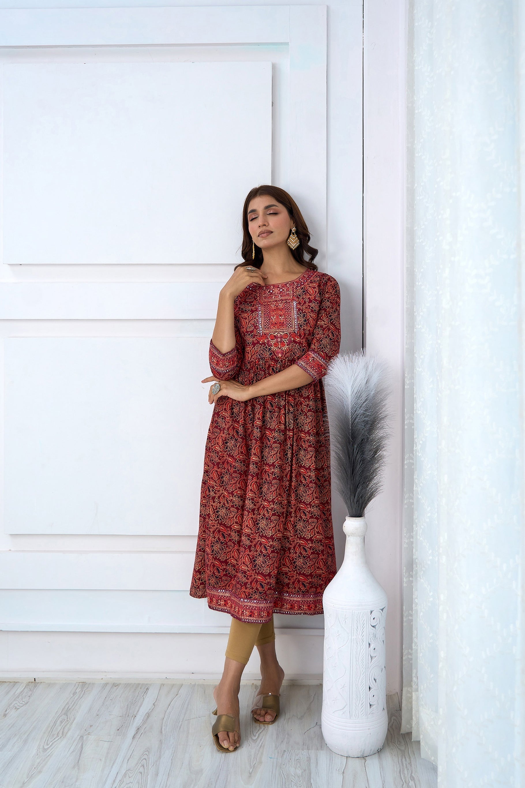 Womens Cotton Maroon Nyara Cut A-Line Kurta