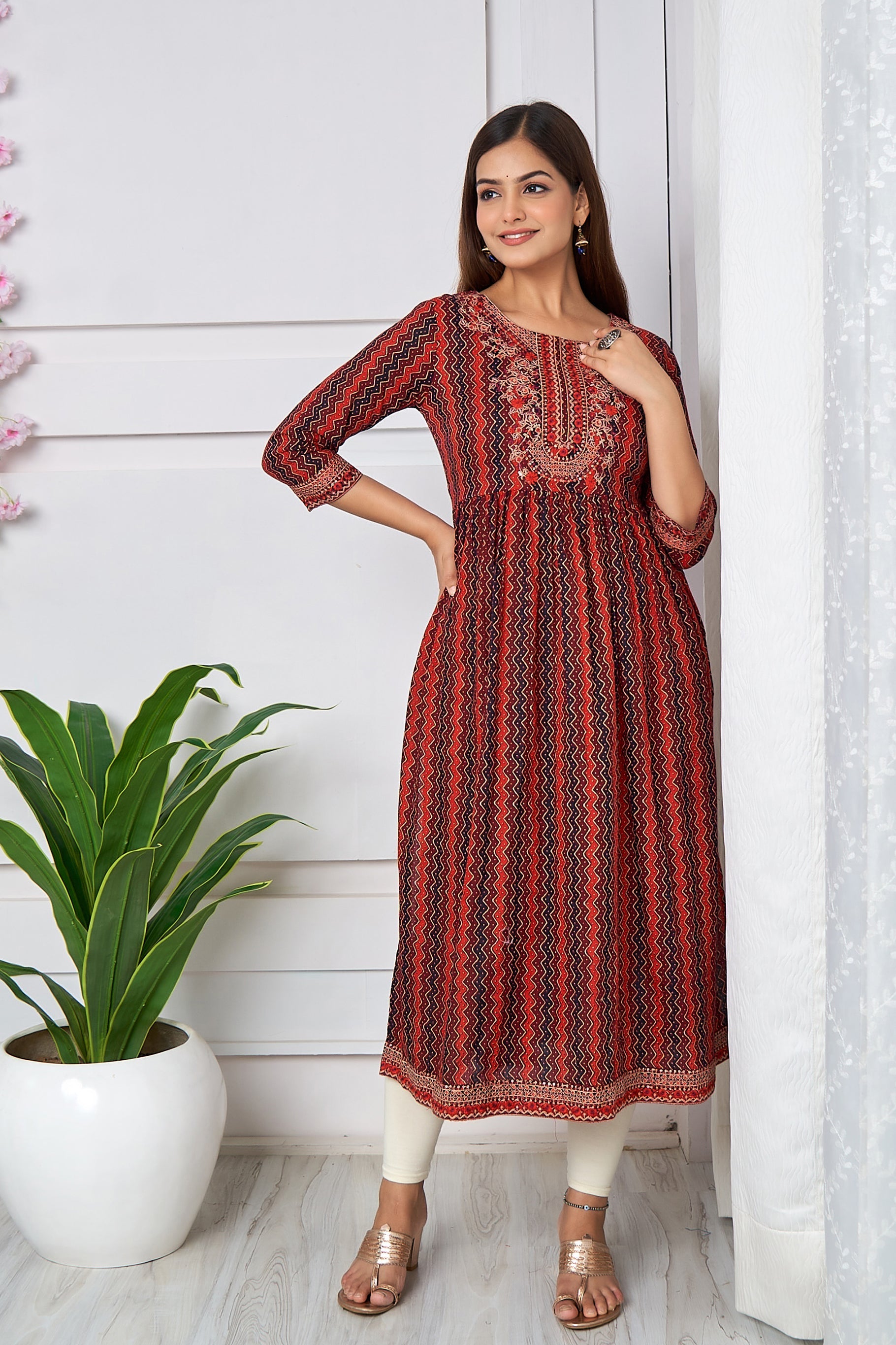 Womens Cotton Maroon Nyara Cut A-Line Kurta