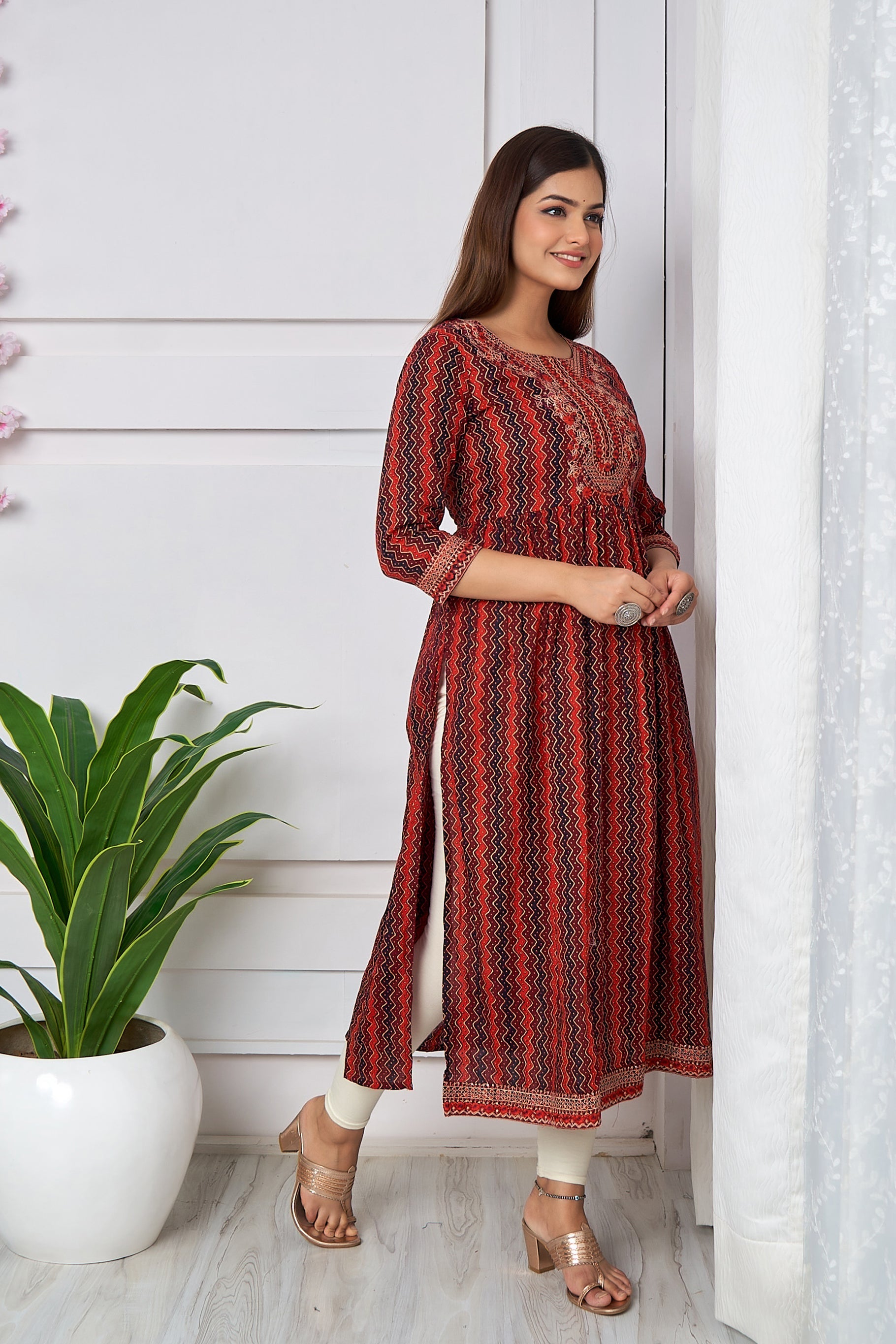 Womens Cotton Maroon Nyara Cut A-Line Kurta
