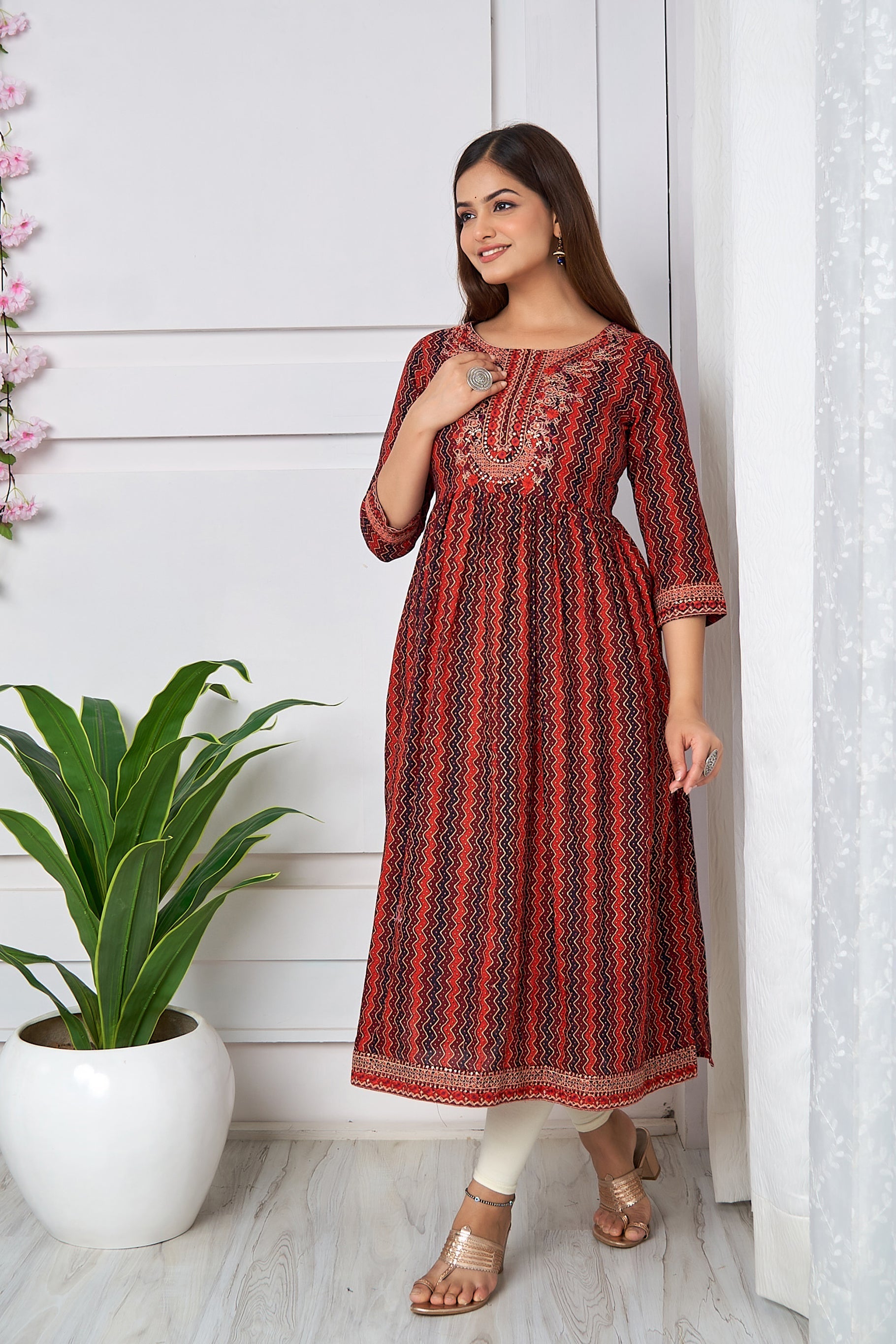 Womens Cotton Maroon Nyara Cut A-Line Kurta