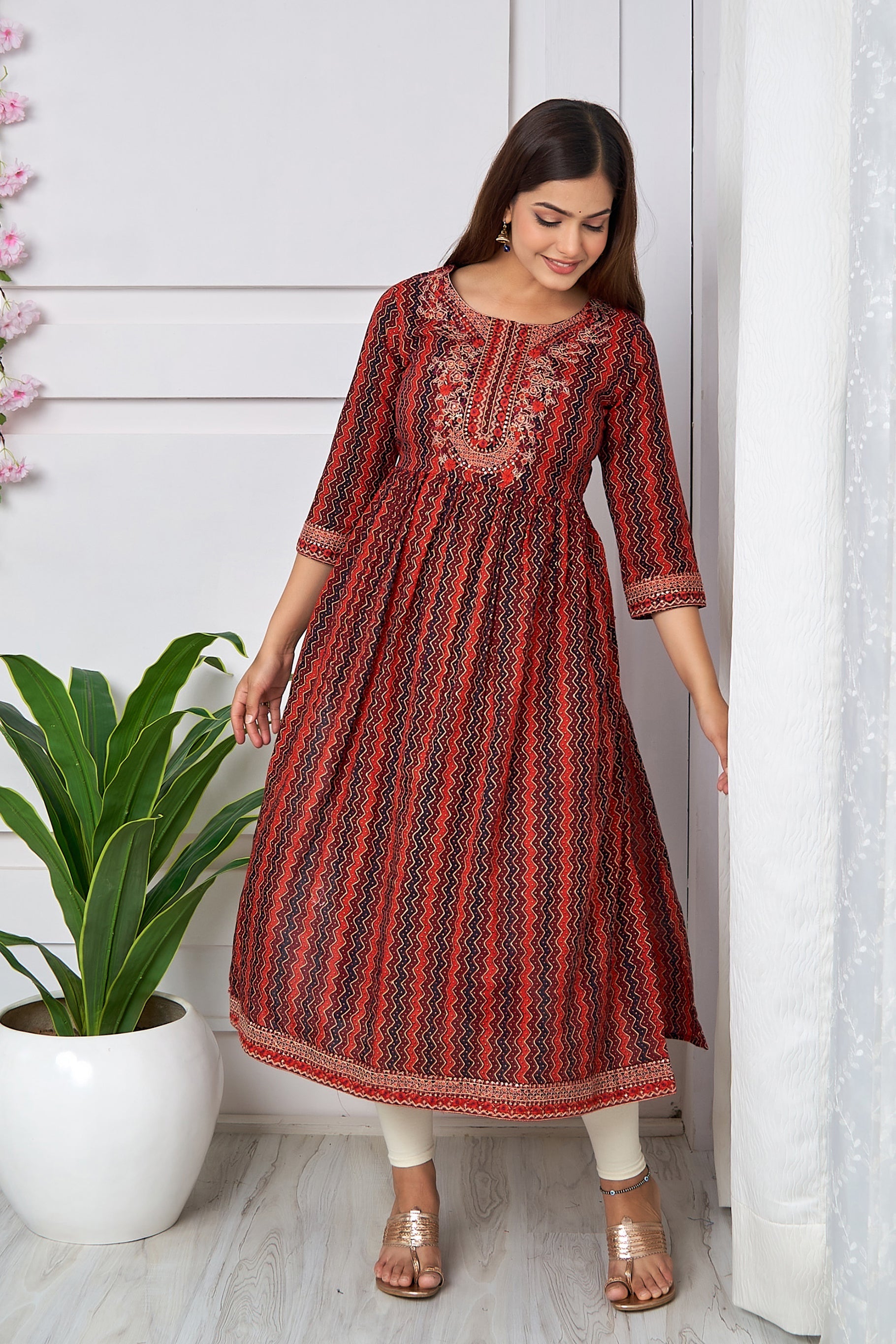 Womens Cotton Maroon Nyara Cut A-Line Kurta