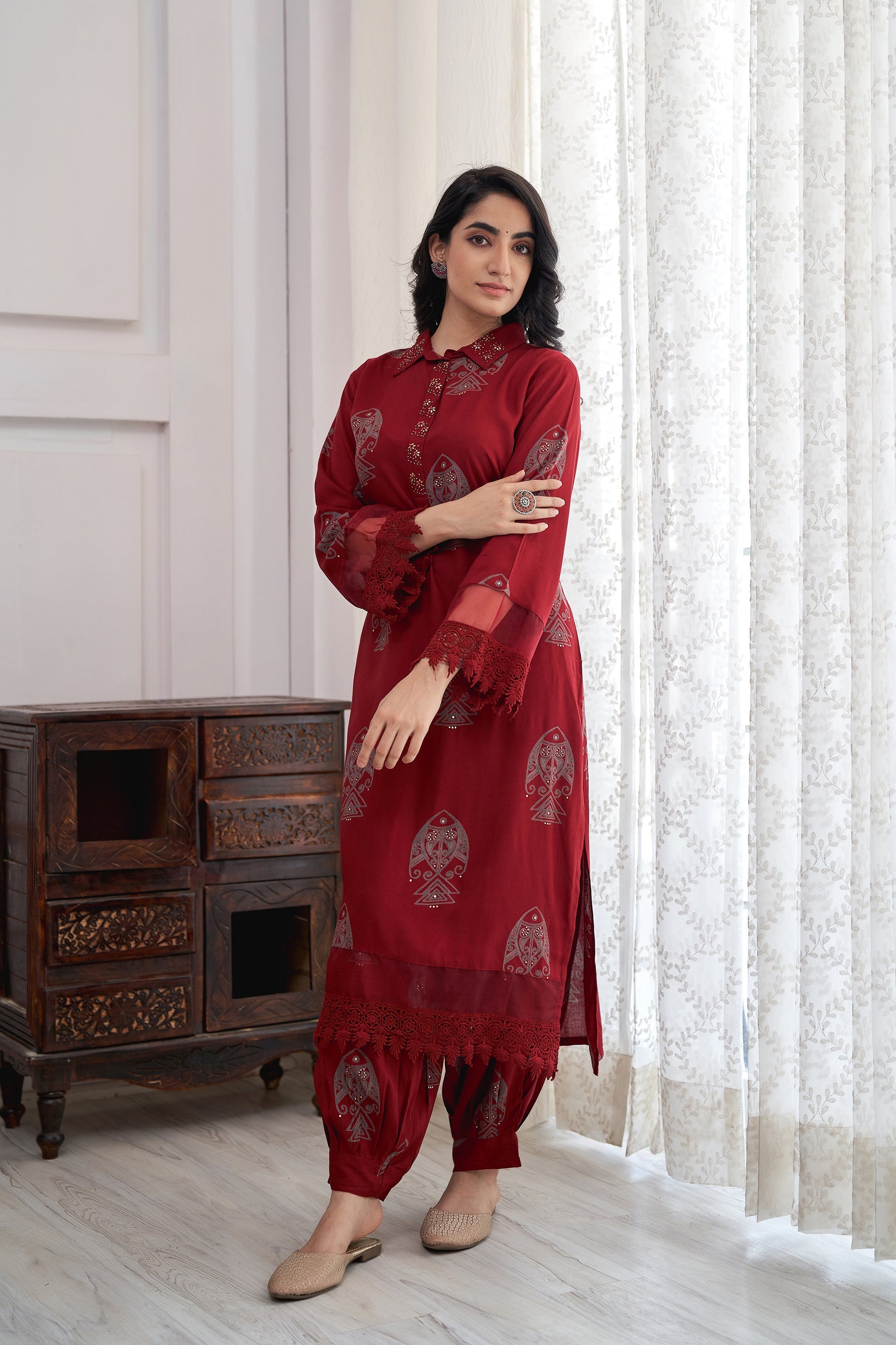 Women's Rayon Maroon Straight Kurta & Afghani Salwar Set