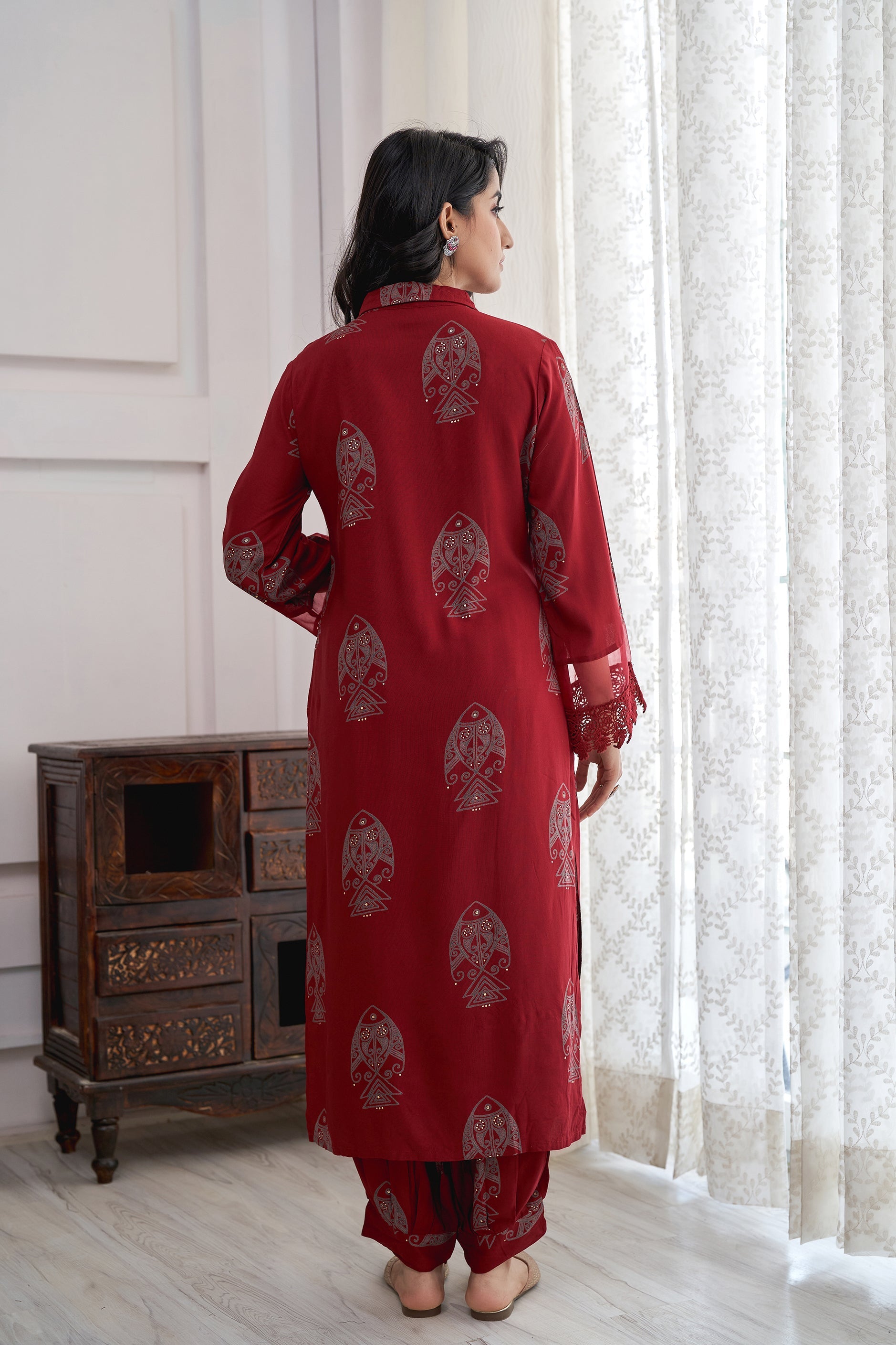 Women's Rayon Maroon Straight Kurta & Afghani Salwar Set