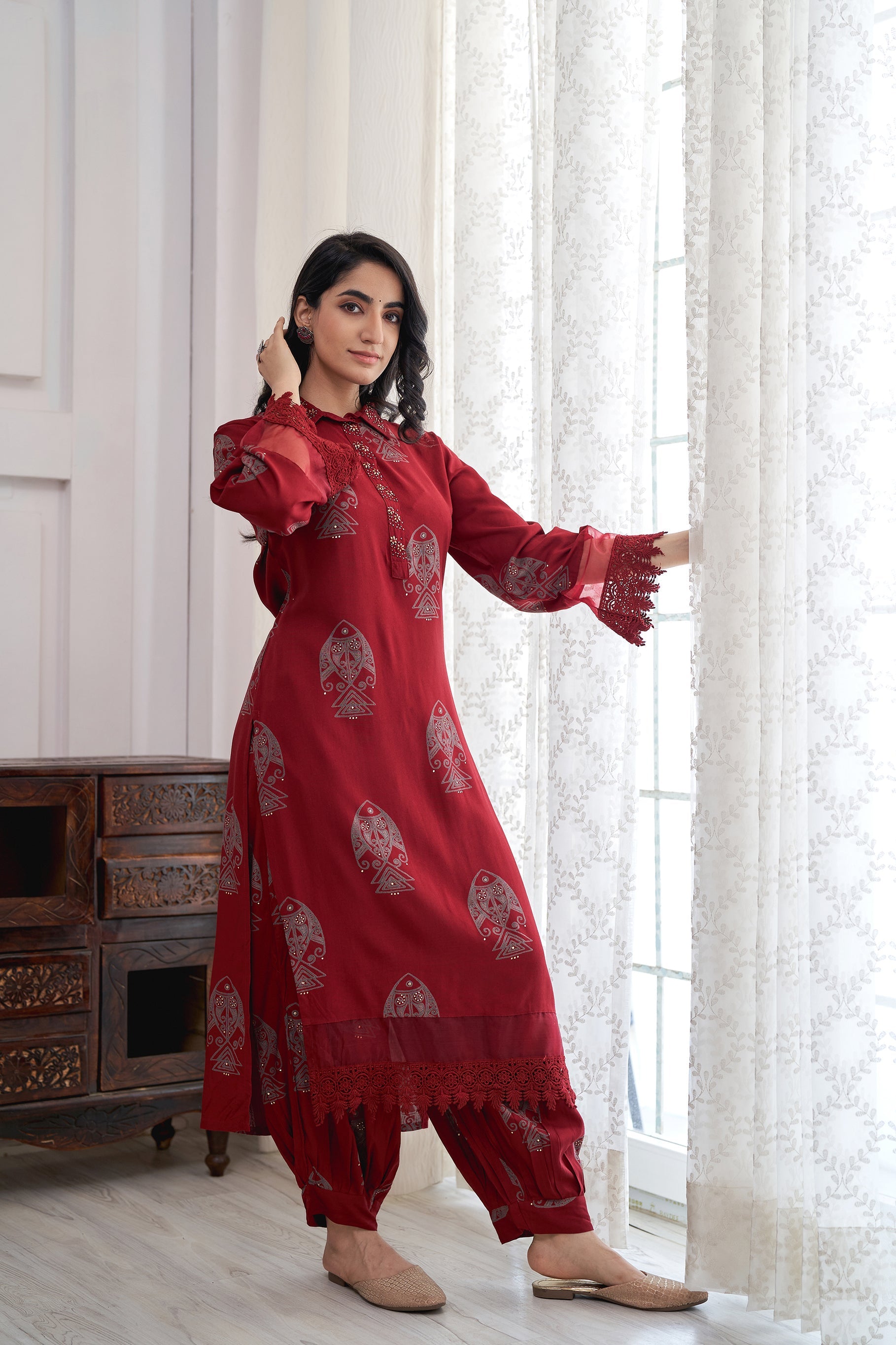 Women's Rayon Maroon Straight Kurta & Afghani Salwar Set