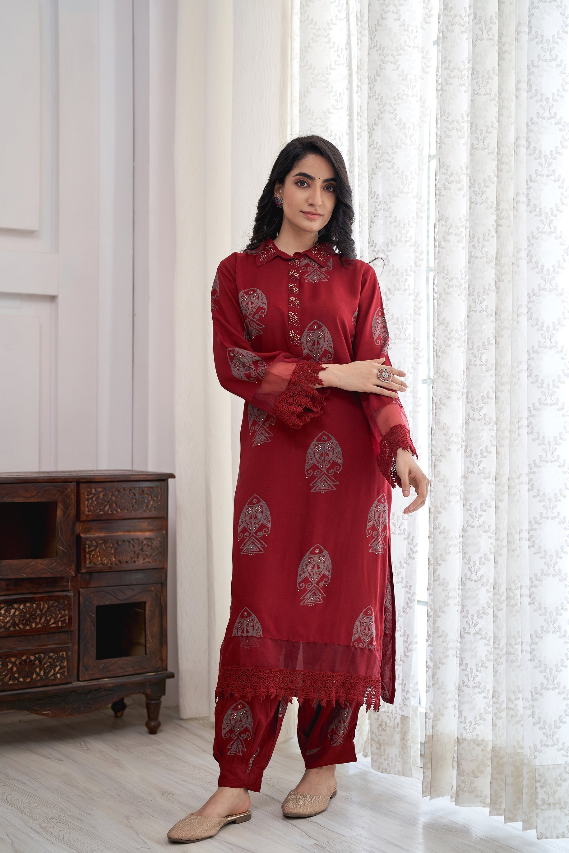 Women's Rayon Maroon Straight Kurta & Afghani Salwar Set