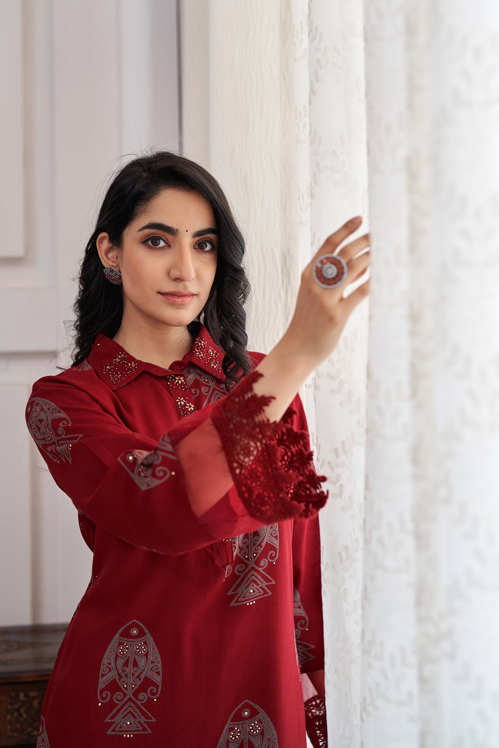 Women's Rayon Maroon Straight Kurta & Afghani Salwar Set