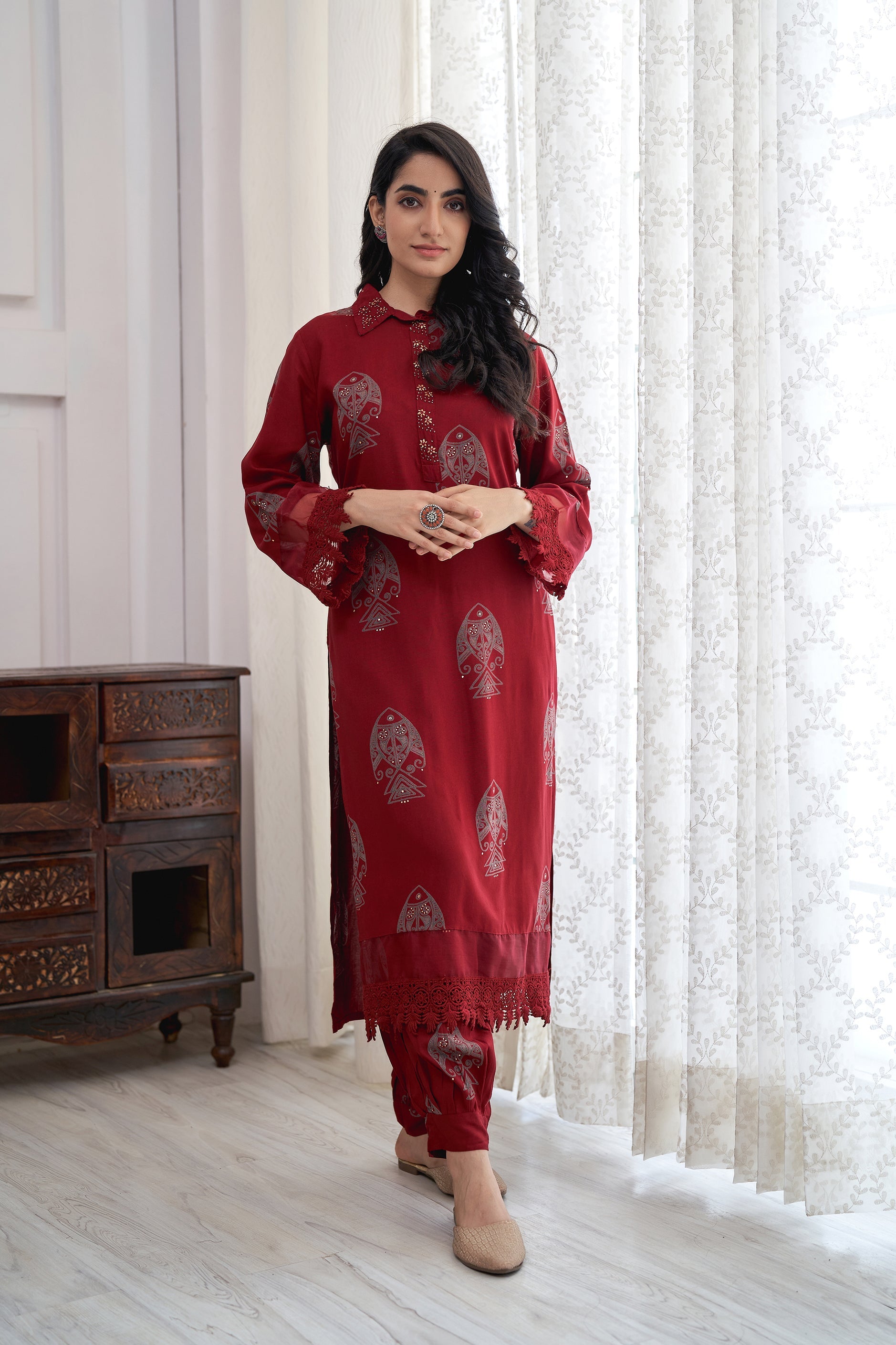 Women's Rayon Maroon Straight Kurta & Afghani Salwar Set