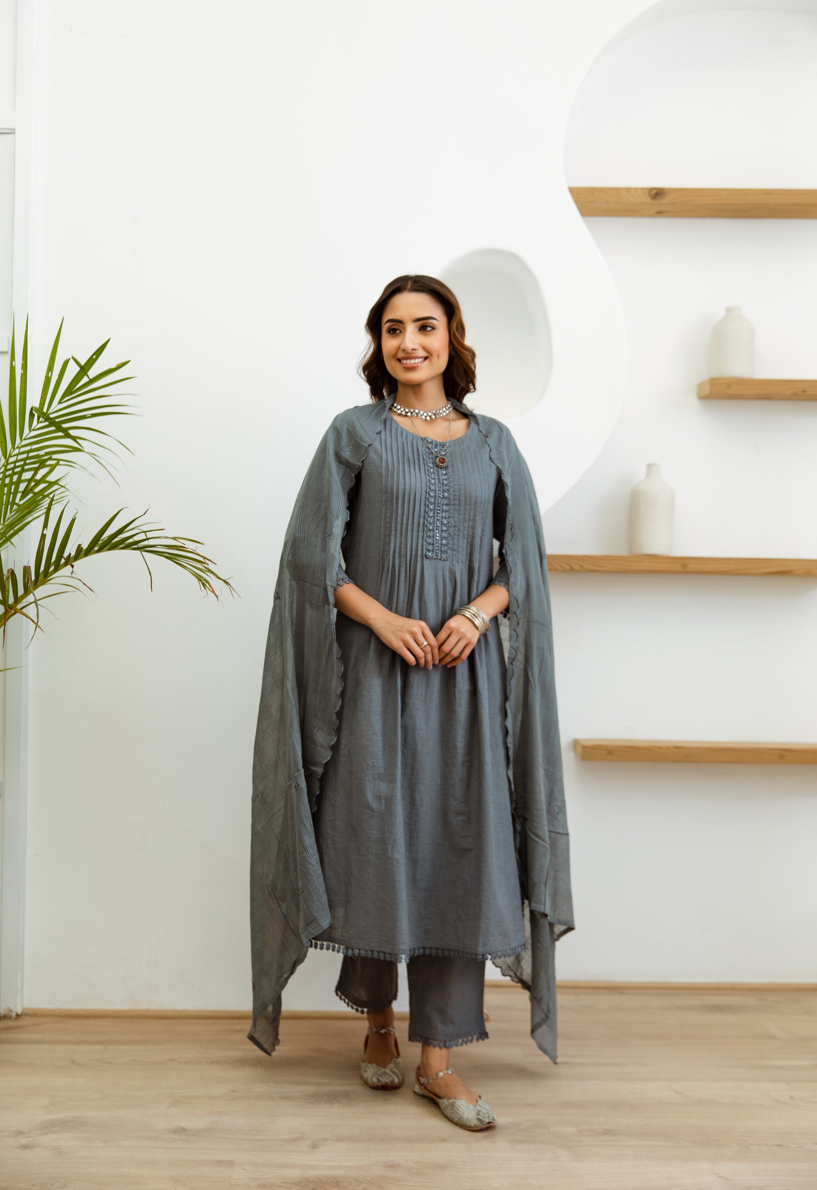 Women's Grey Cotton Kurta, Pant and Dupatta Set
