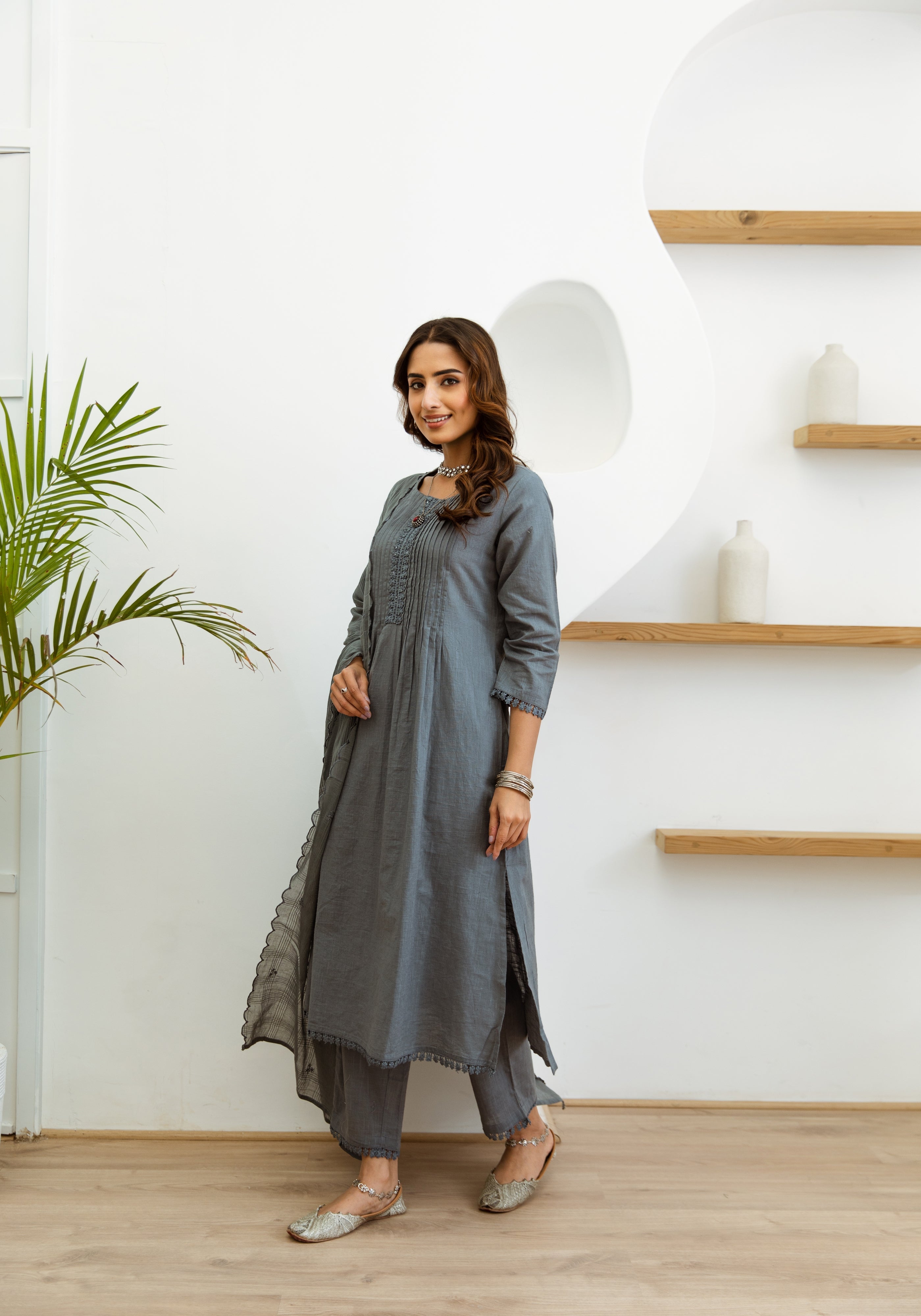 Women's Grey Cotton Kurta, Pant and Dupatta Set