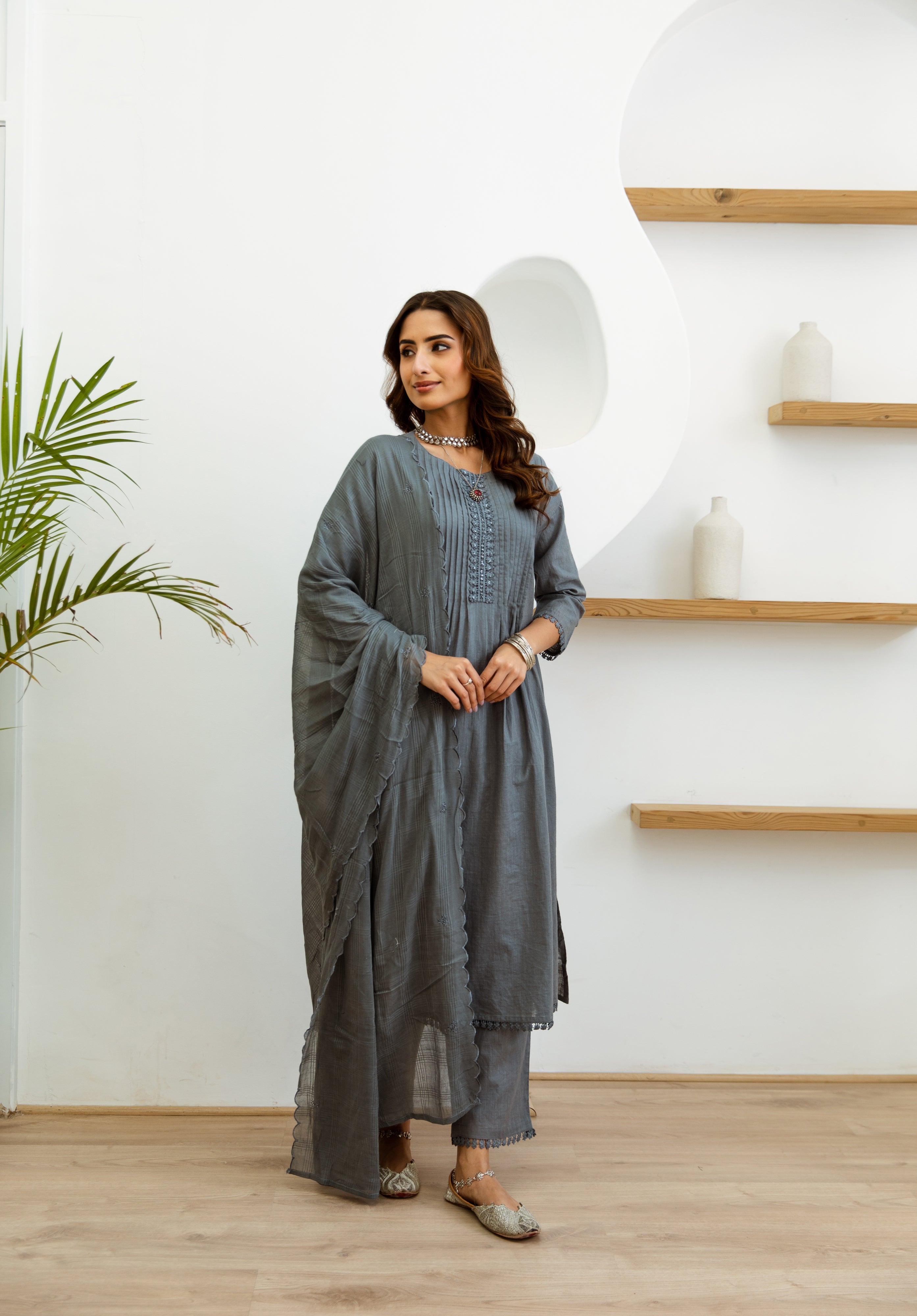 Women's Grey Cotton Kurta, Pant and Dupatta Set