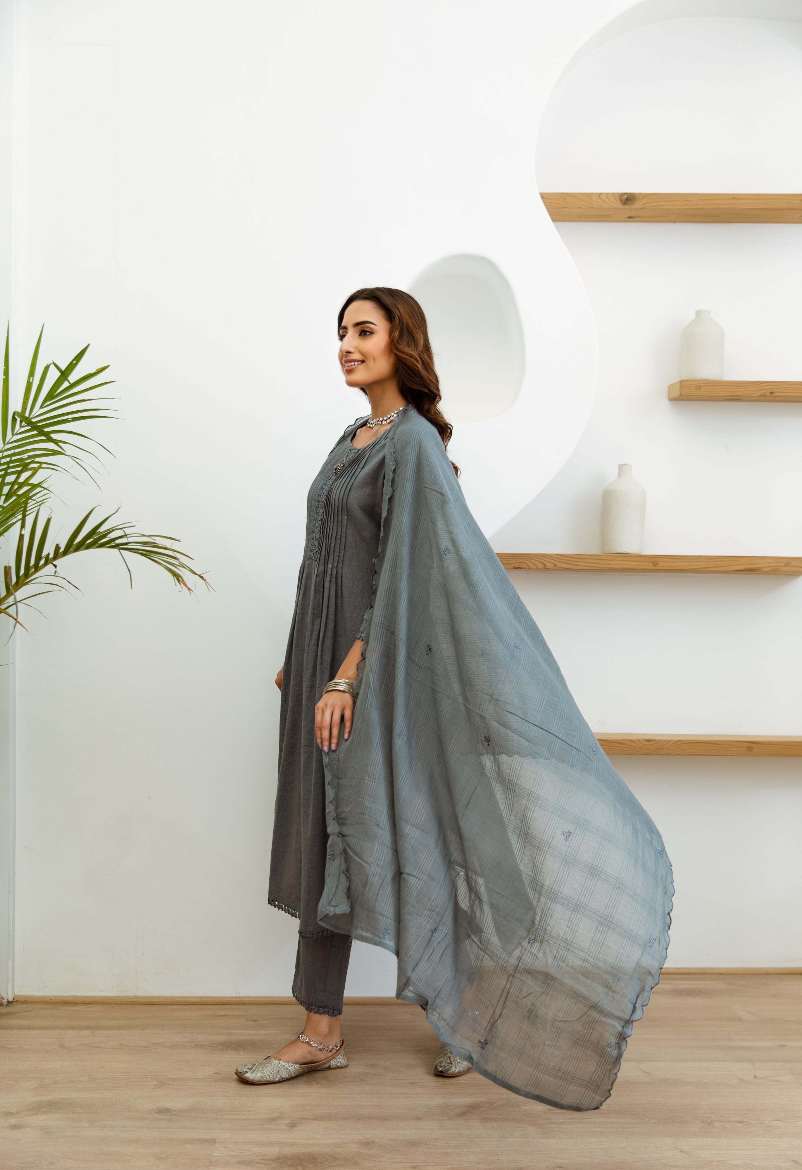 Women's Grey Cotton Kurta, Pant and Dupatta Set