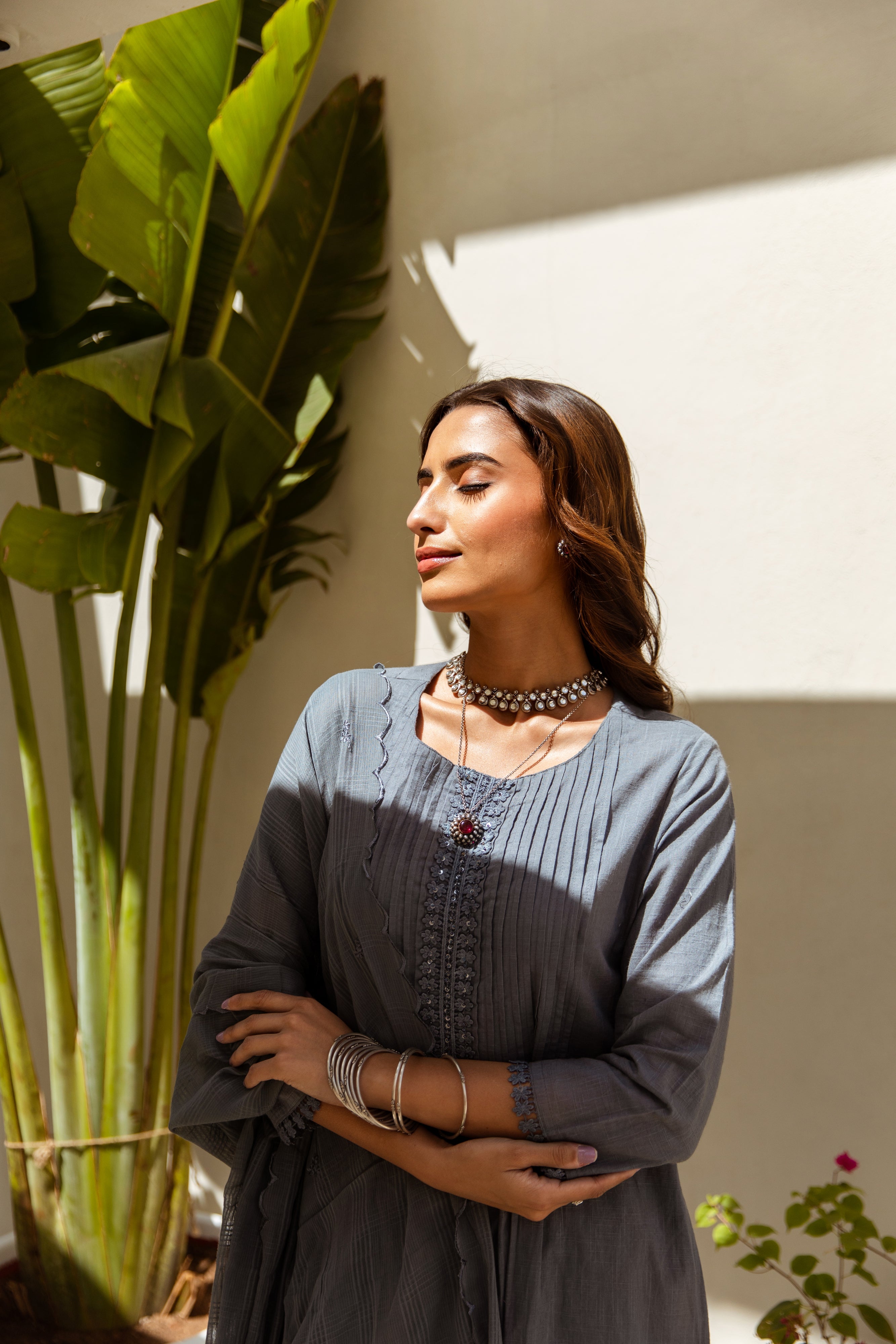 Women's Grey Cotton Kurta, Pant and Dupatta Set