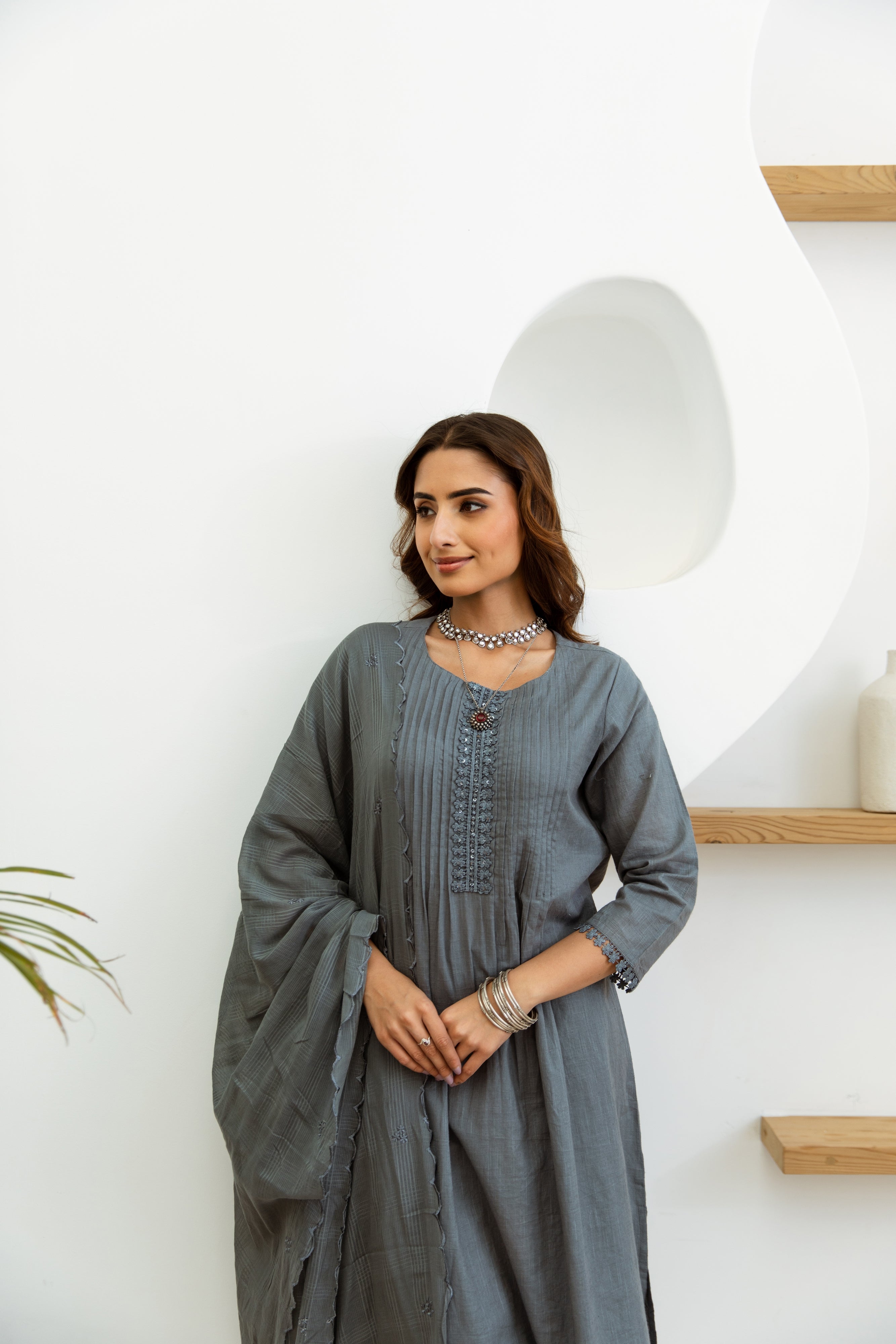 Women's Grey Cotton Kurta, Pant and Dupatta Set