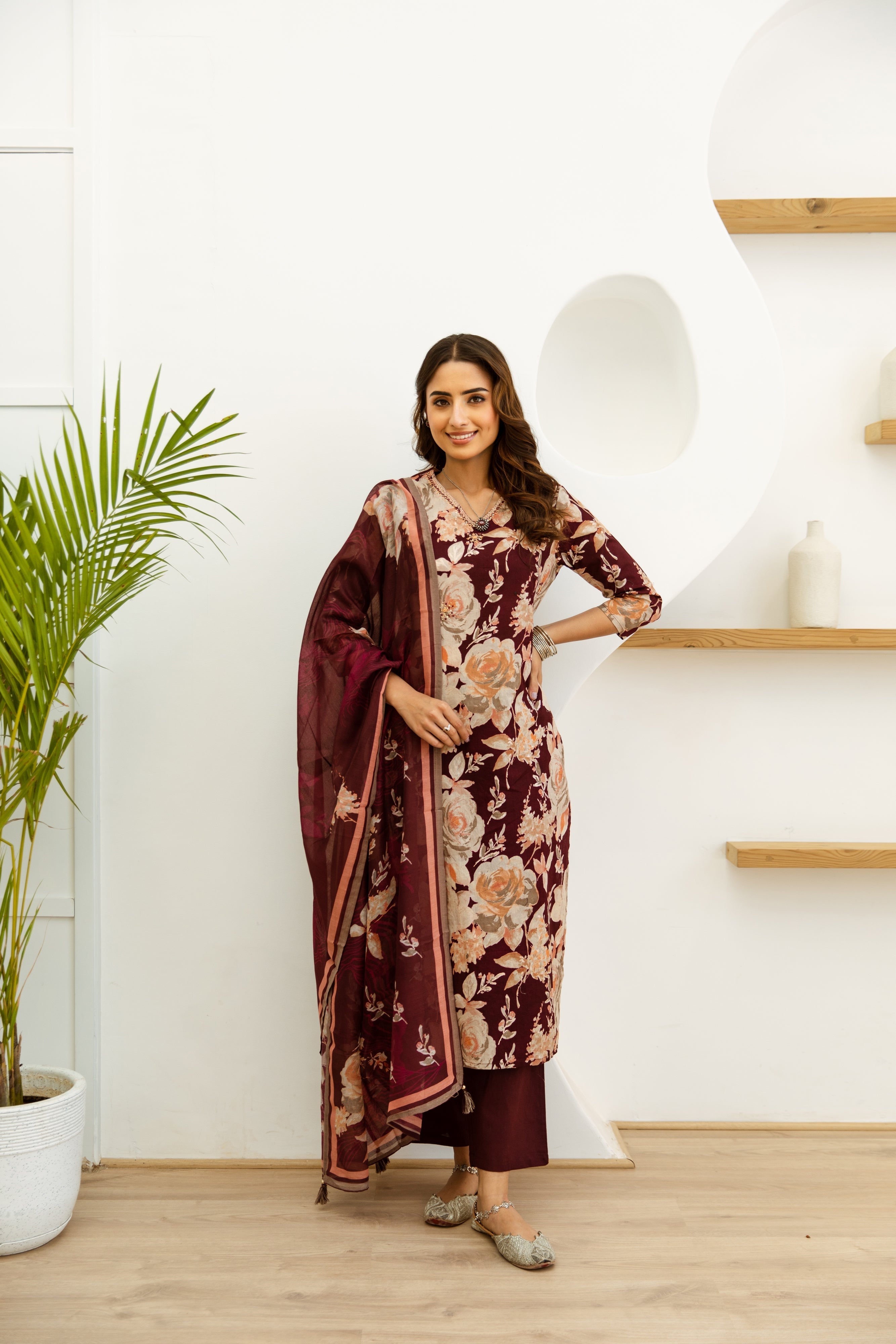 Women's Maroon Cotton Kurta, Pant and Dupatta Set