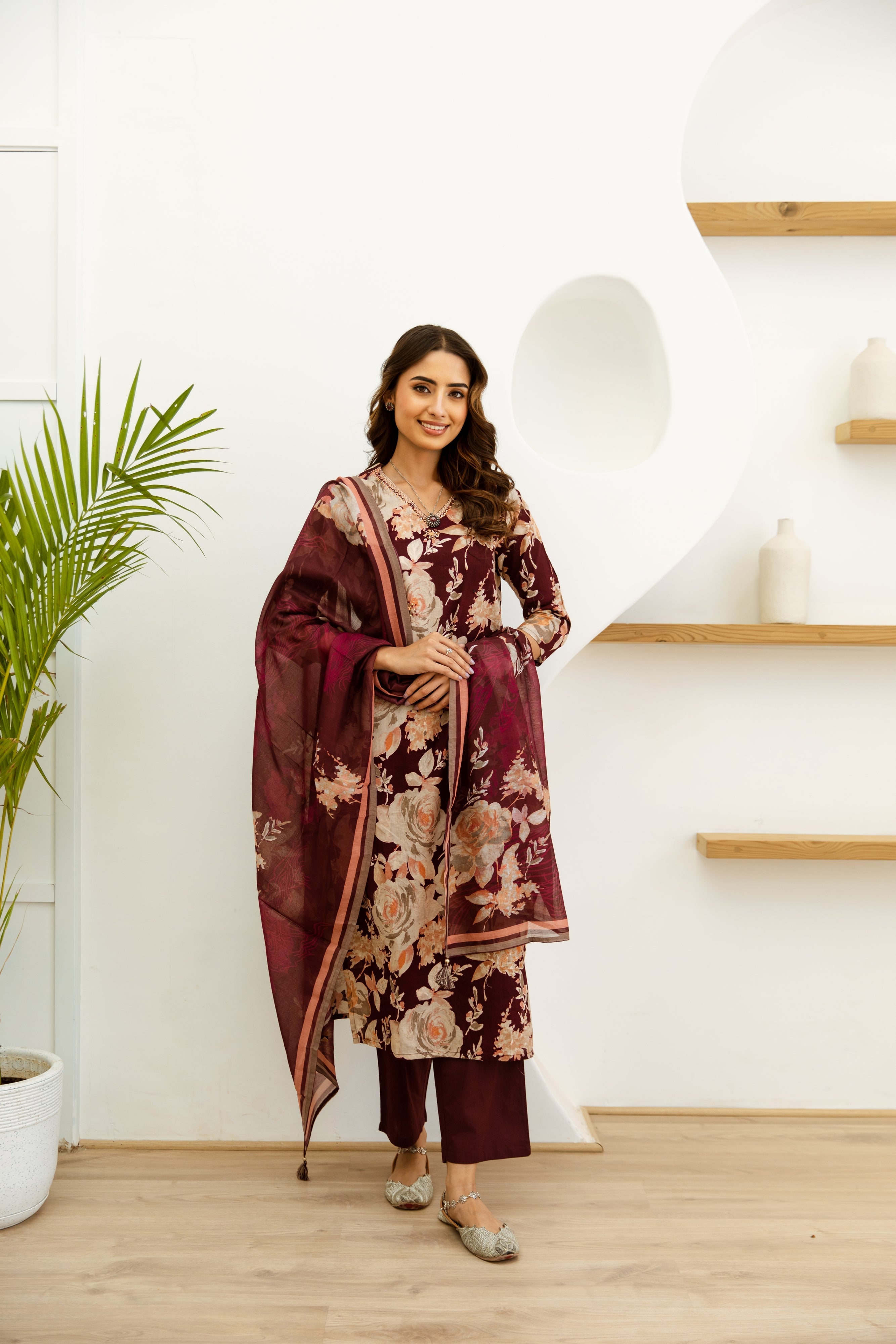 Women's Maroon Cotton Kurta, Pant and Dupatta Set