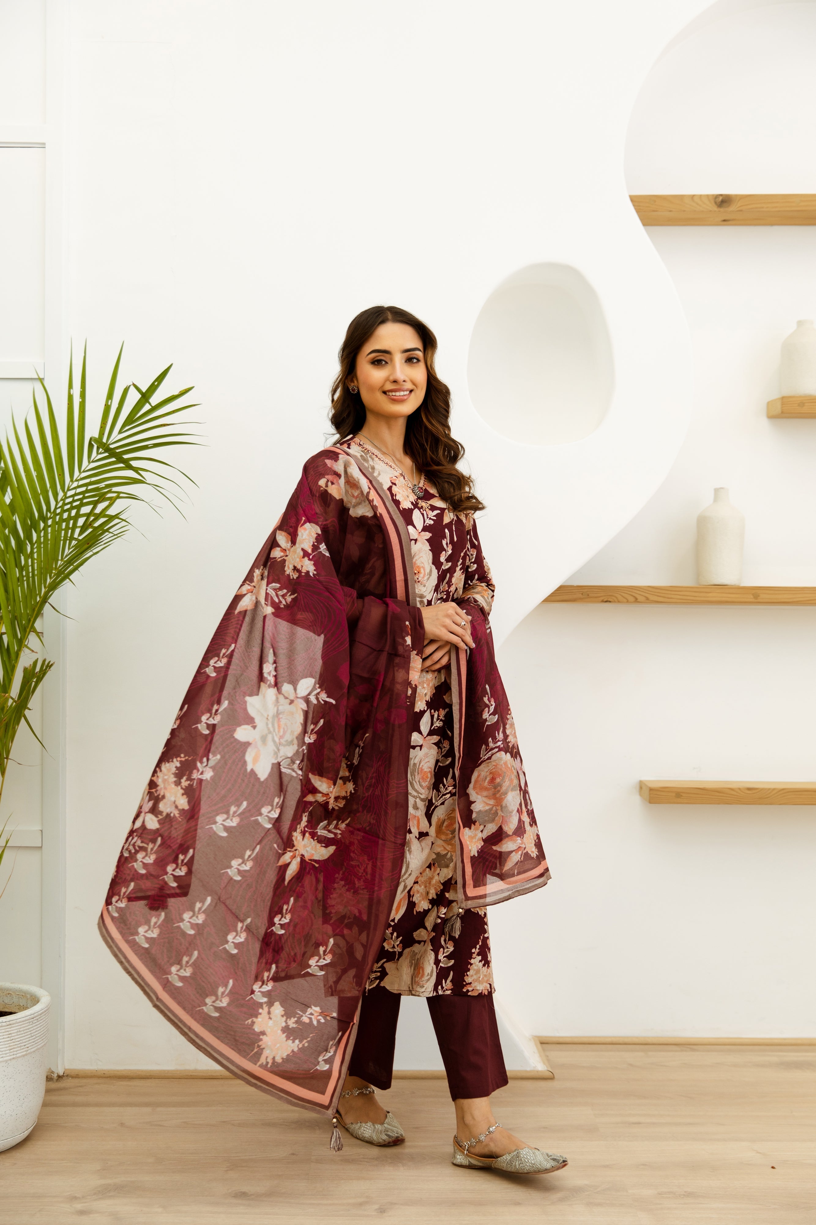 Women's Maroon Cotton Kurta, Pant and Dupatta Set