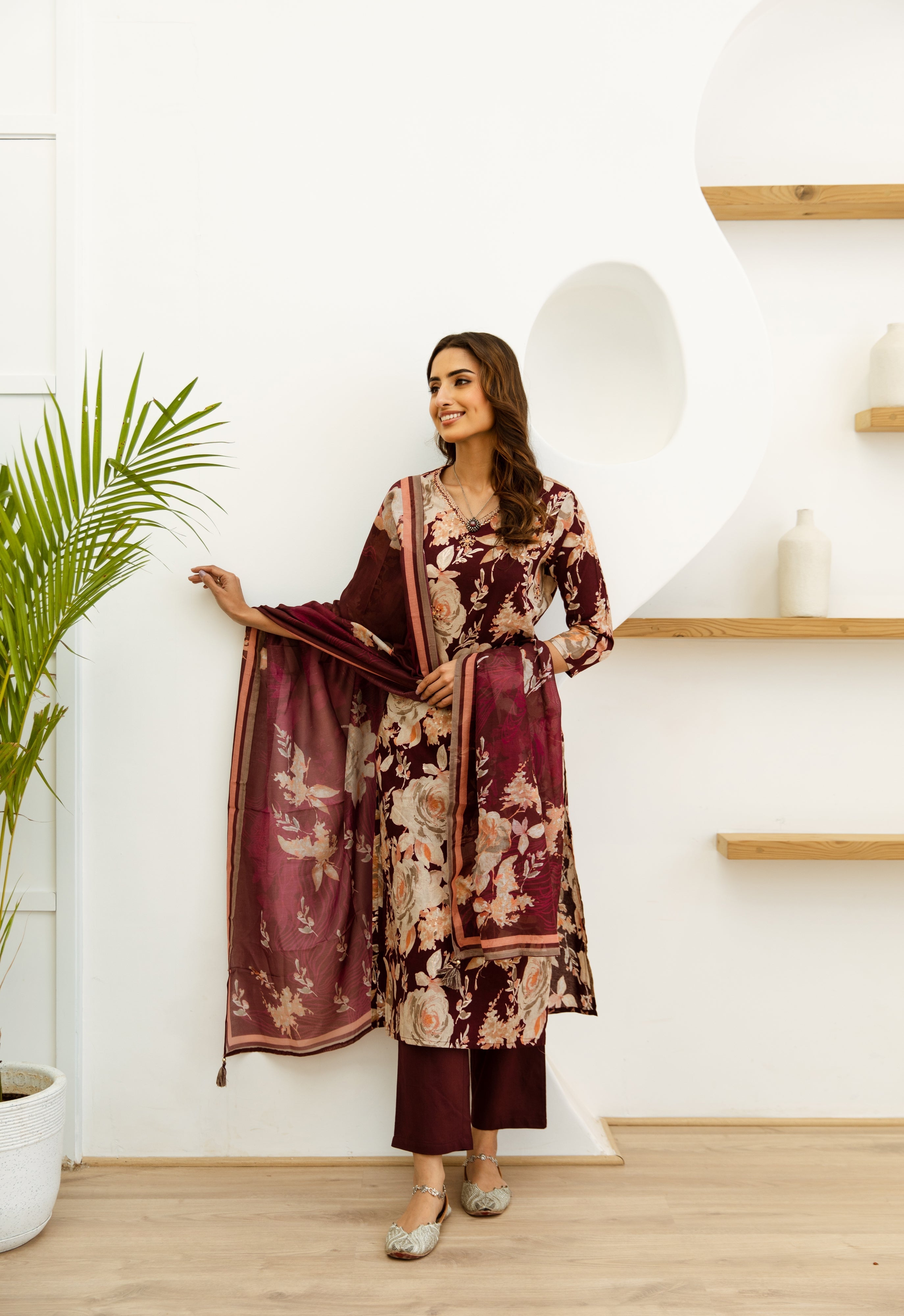 Women's Maroon Cotton Kurta, Pant and Dupatta Set