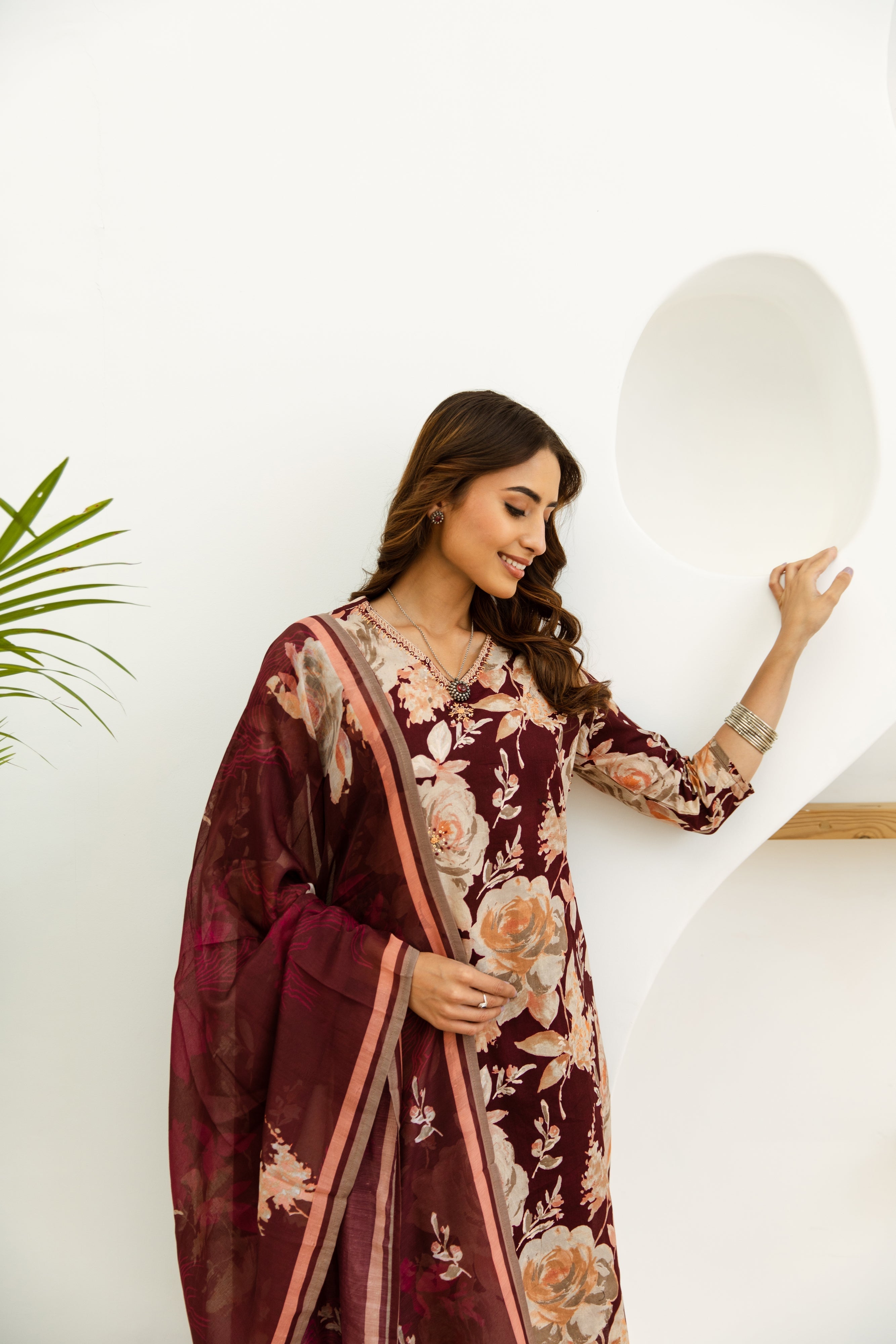 Women's Maroon Cotton Kurta, Pant and Dupatta Set