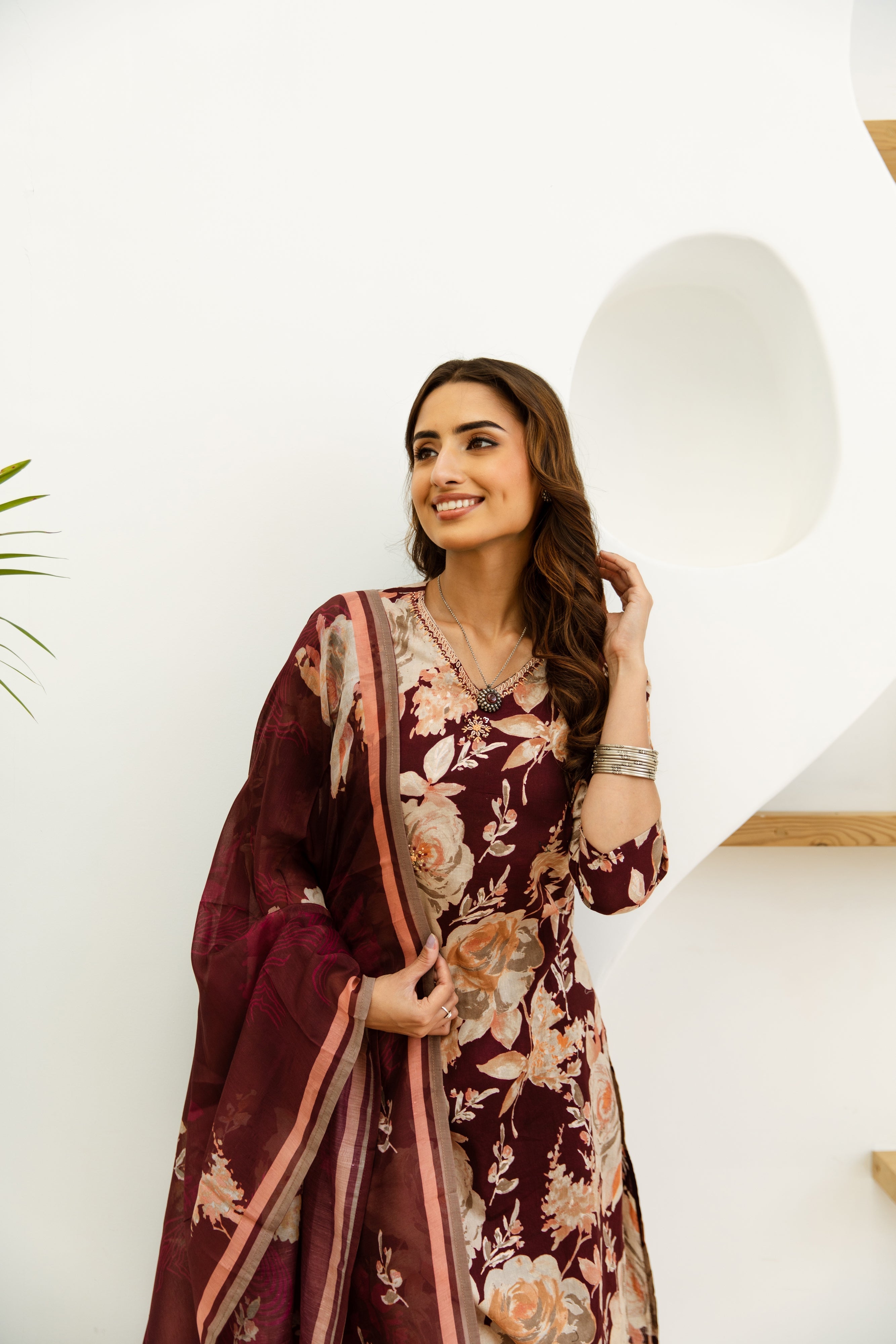 Women's Maroon Cotton Kurta, Pant and Dupatta Set