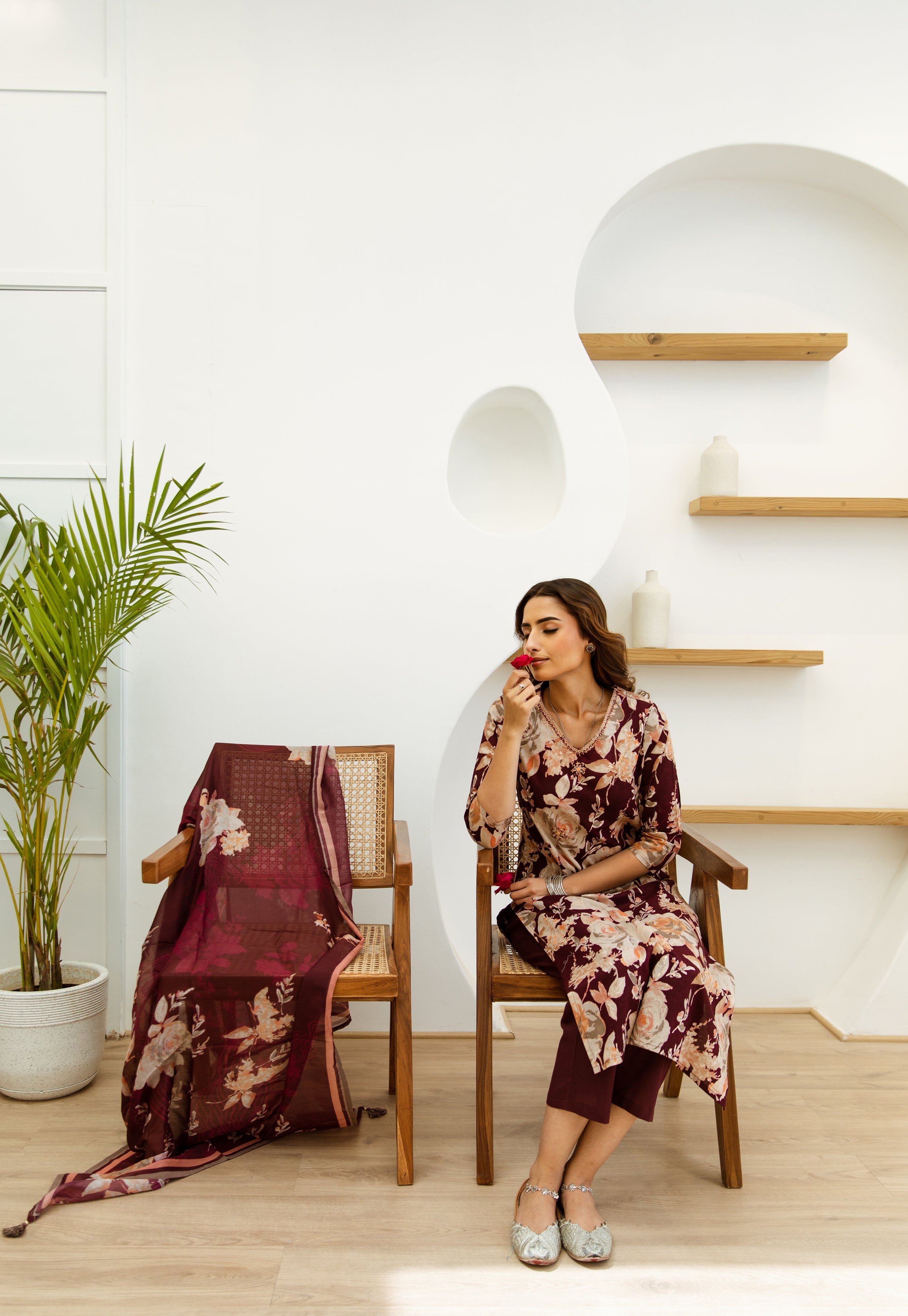 Women's Maroon Cotton Kurta, Pant and Dupatta Set