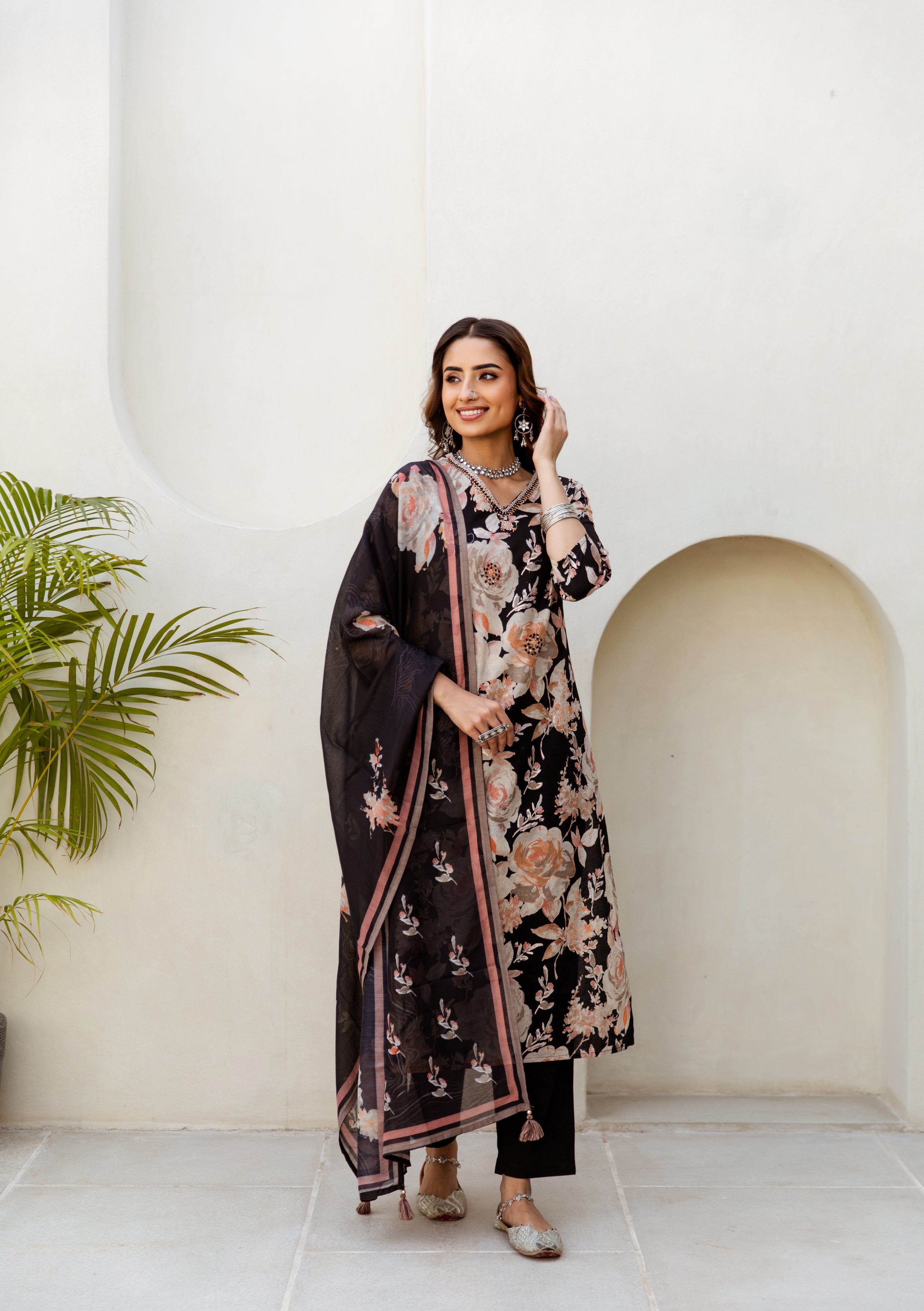 Women's Black Cotton Kurta, Pant and Dupatta Set