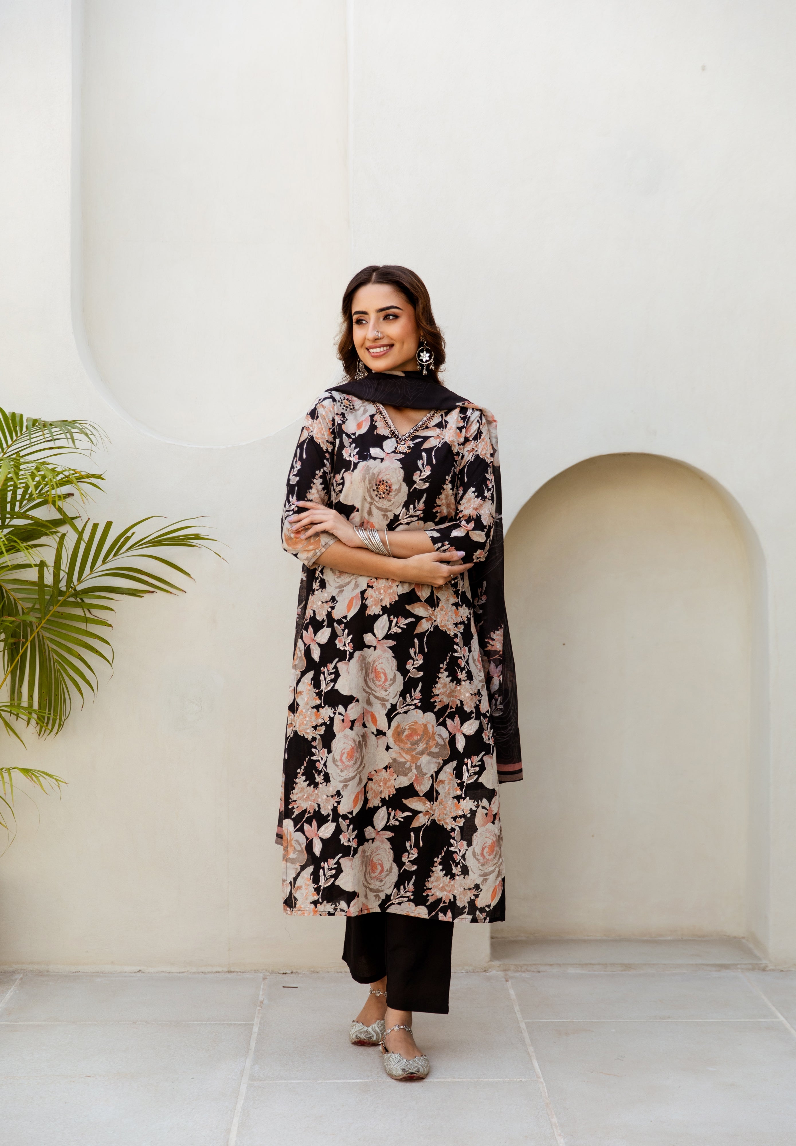 Women's Black Cotton Kurta, Pant and Dupatta Set