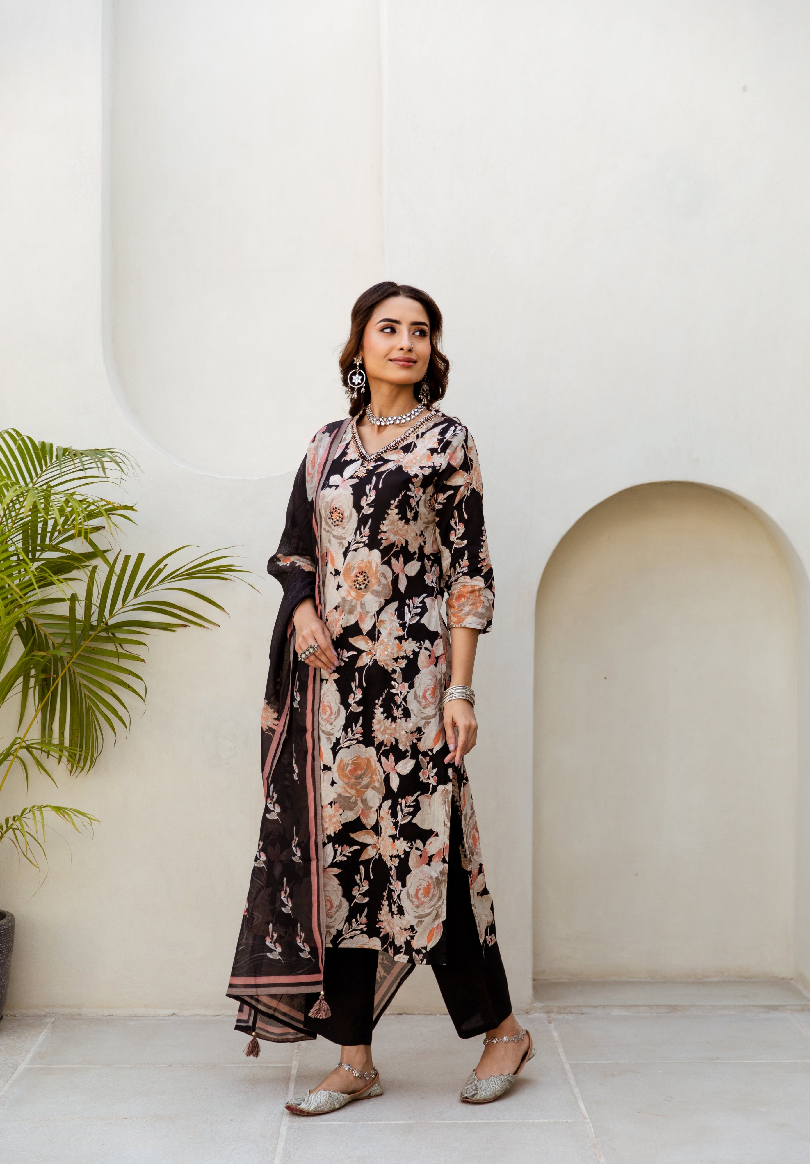 Women's Black Cotton Kurta, Pant and Dupatta Set