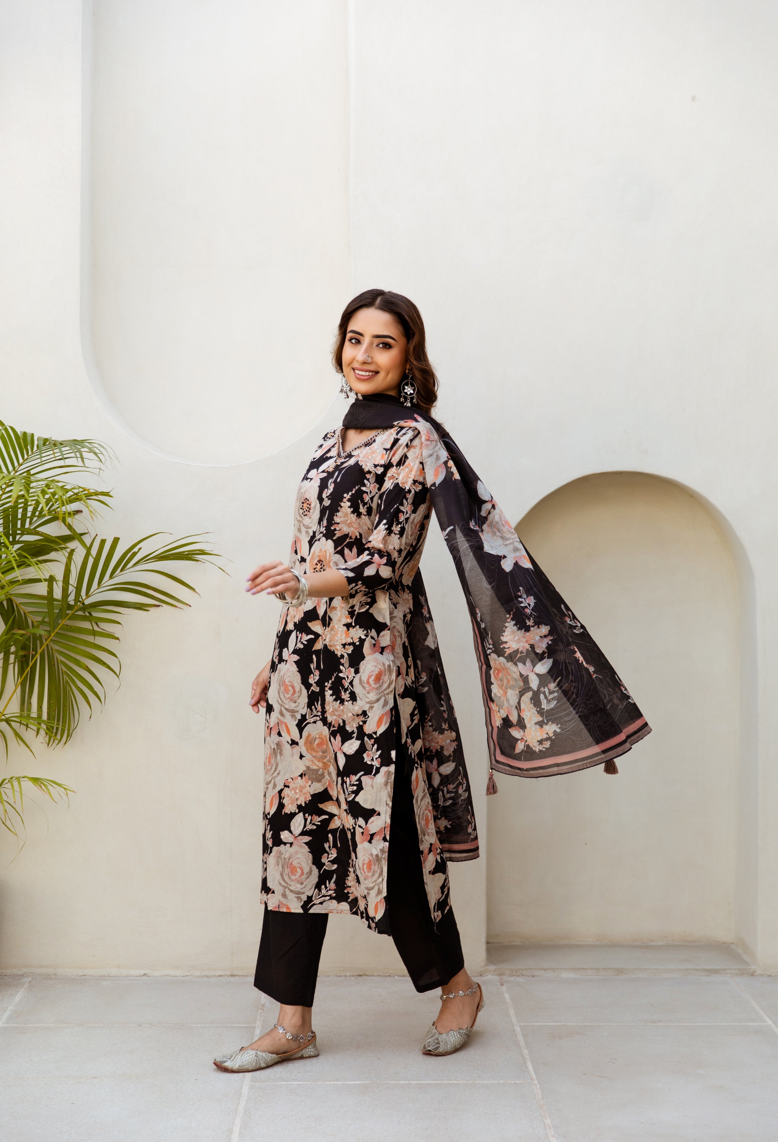 Women's Black Cotton Kurta, Pant and Dupatta Set