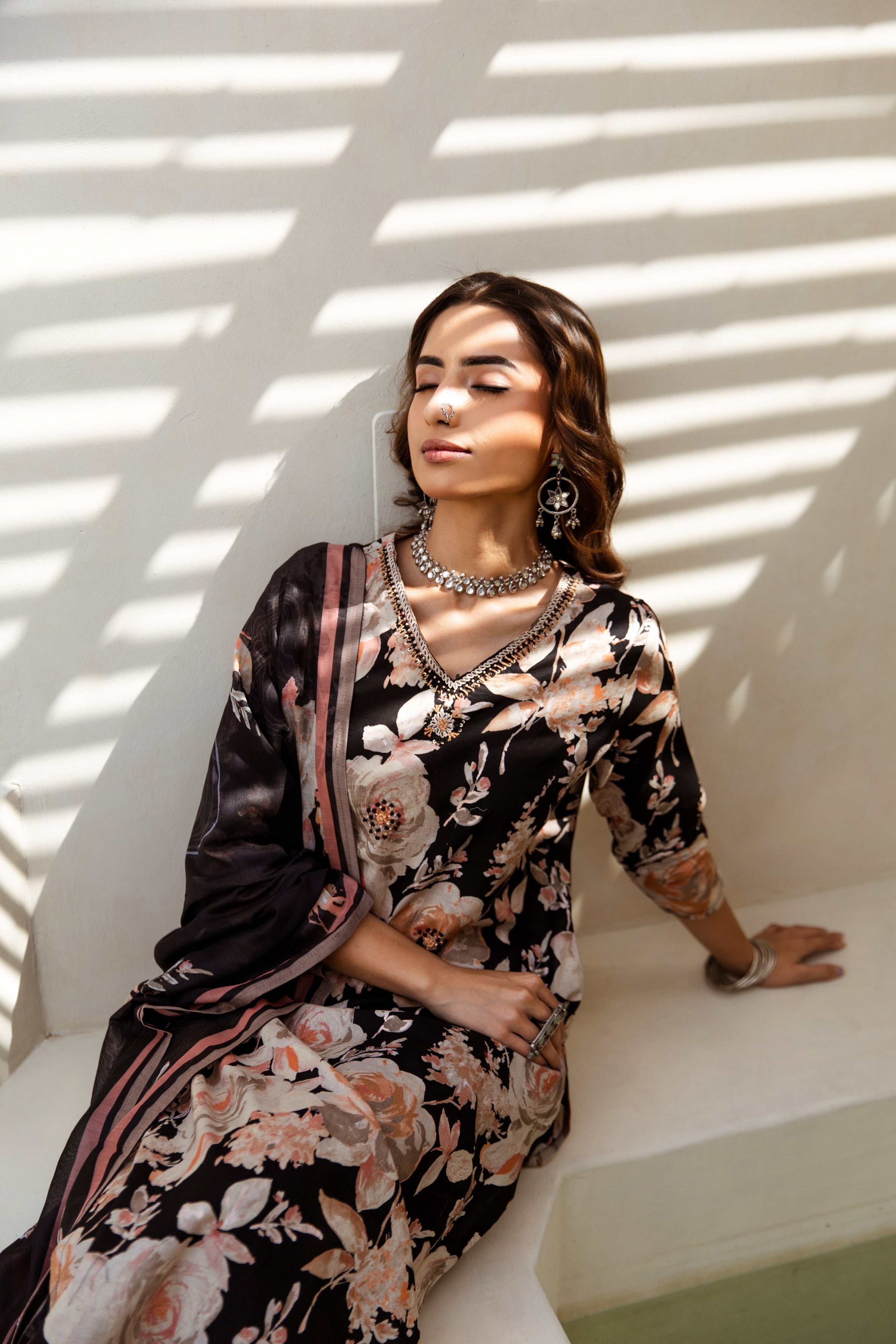 Women's Black Cotton Kurta, Pant and Dupatta Set