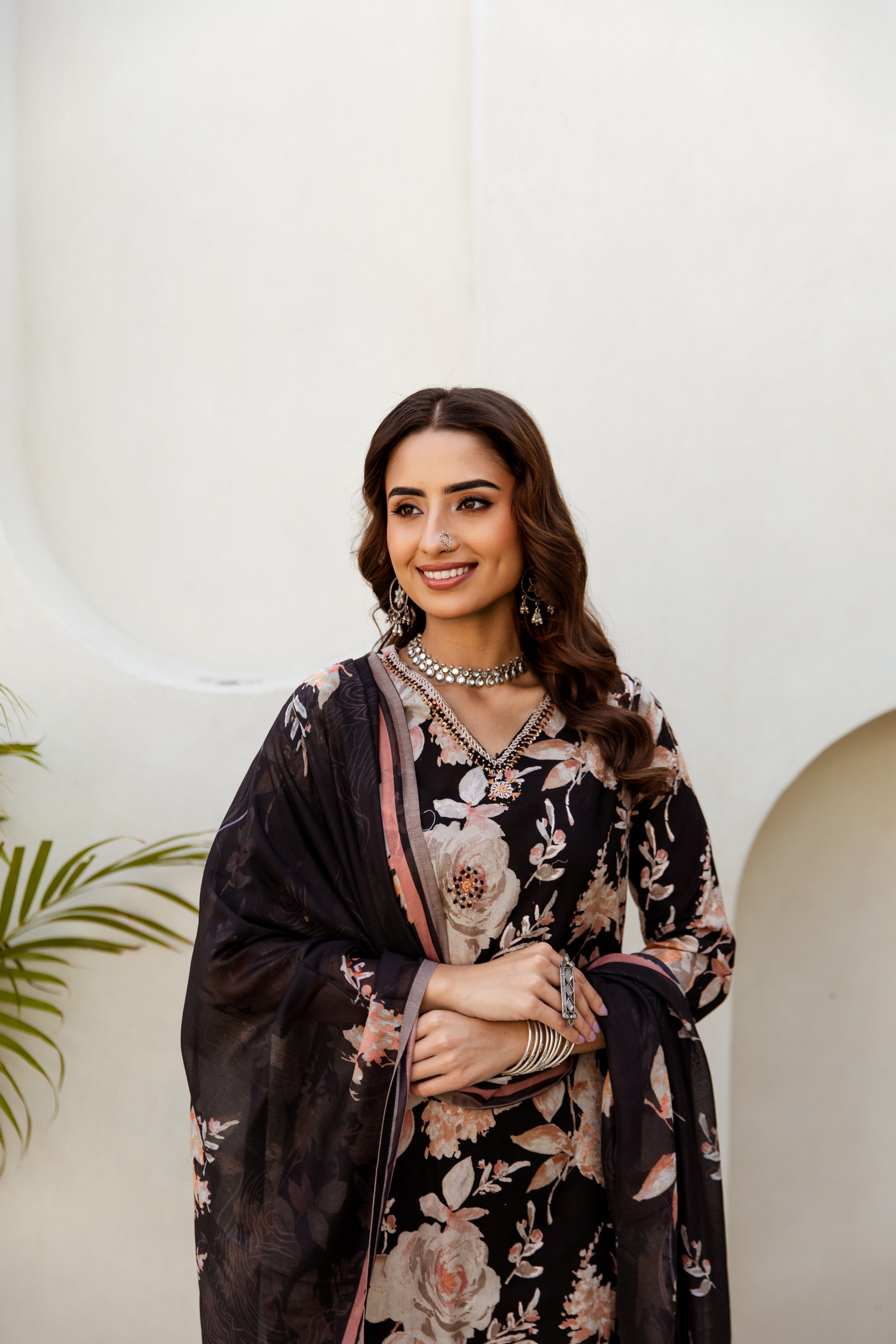 Women's Black Cotton Kurta, Pant and Dupatta Set