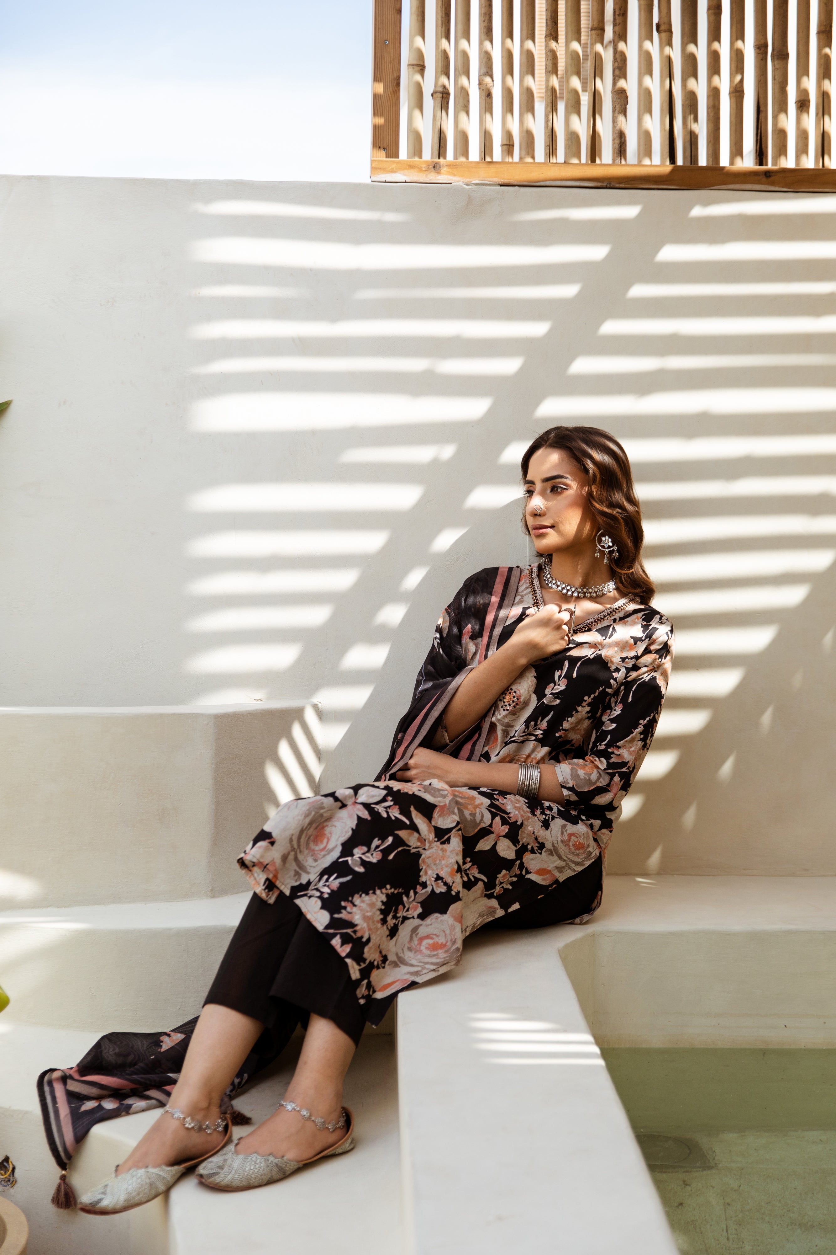 Women's Black Cotton Kurta, Pant and Dupatta Set