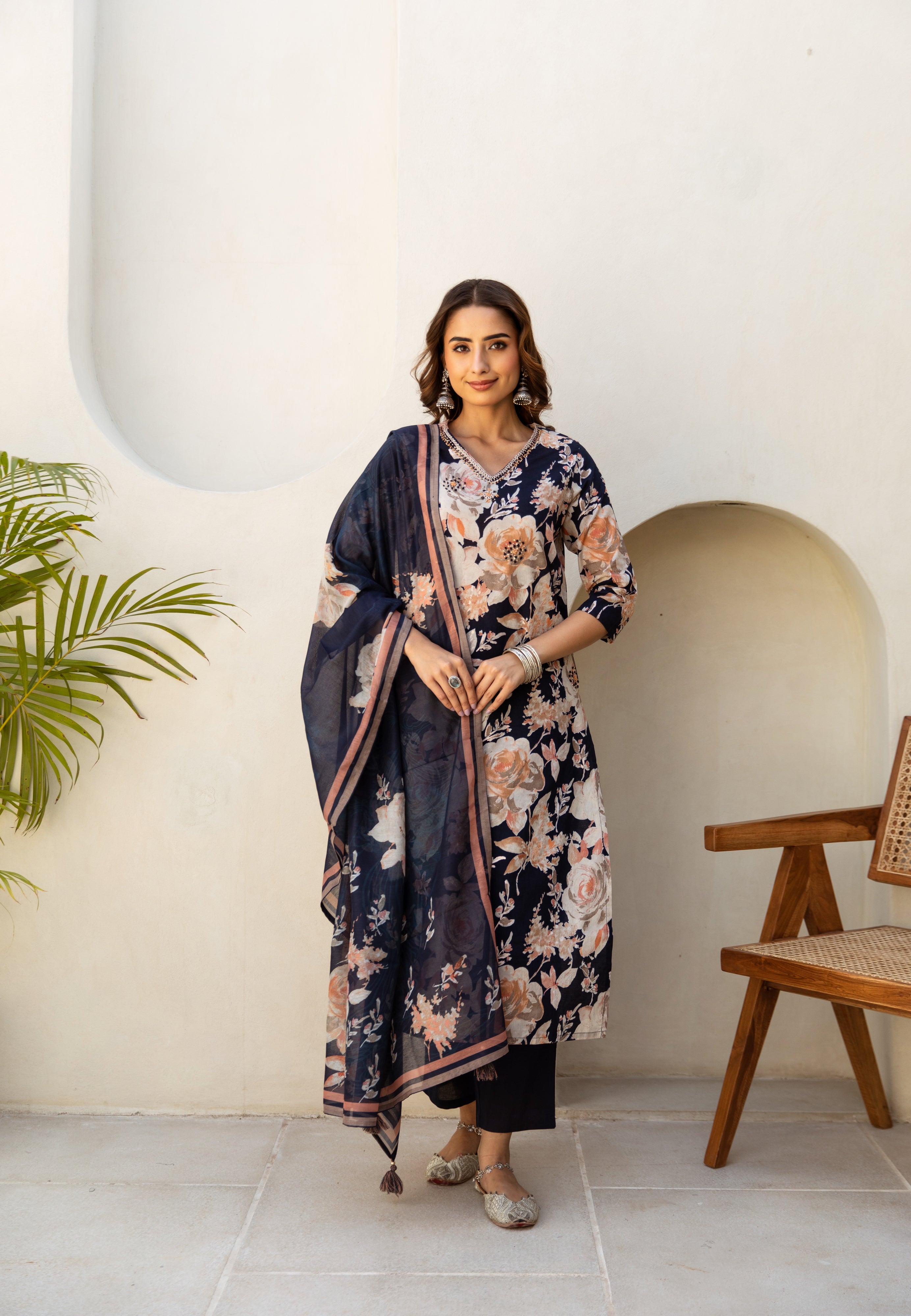 Women's Navy Blue Cotton Kurta, Pant and Dupatta Set