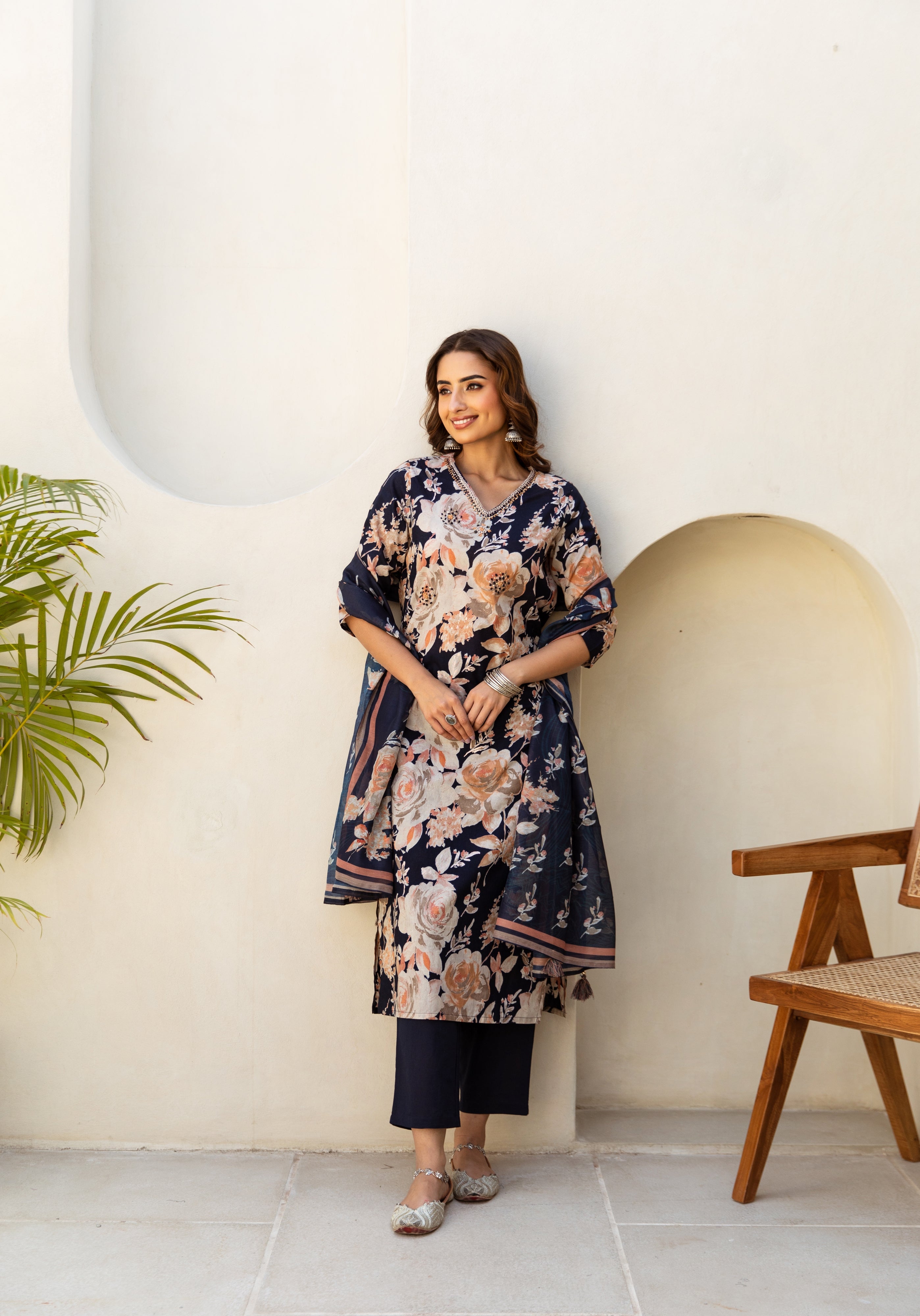 Women's Navy Blue Cotton Kurta, Pant and Dupatta Set