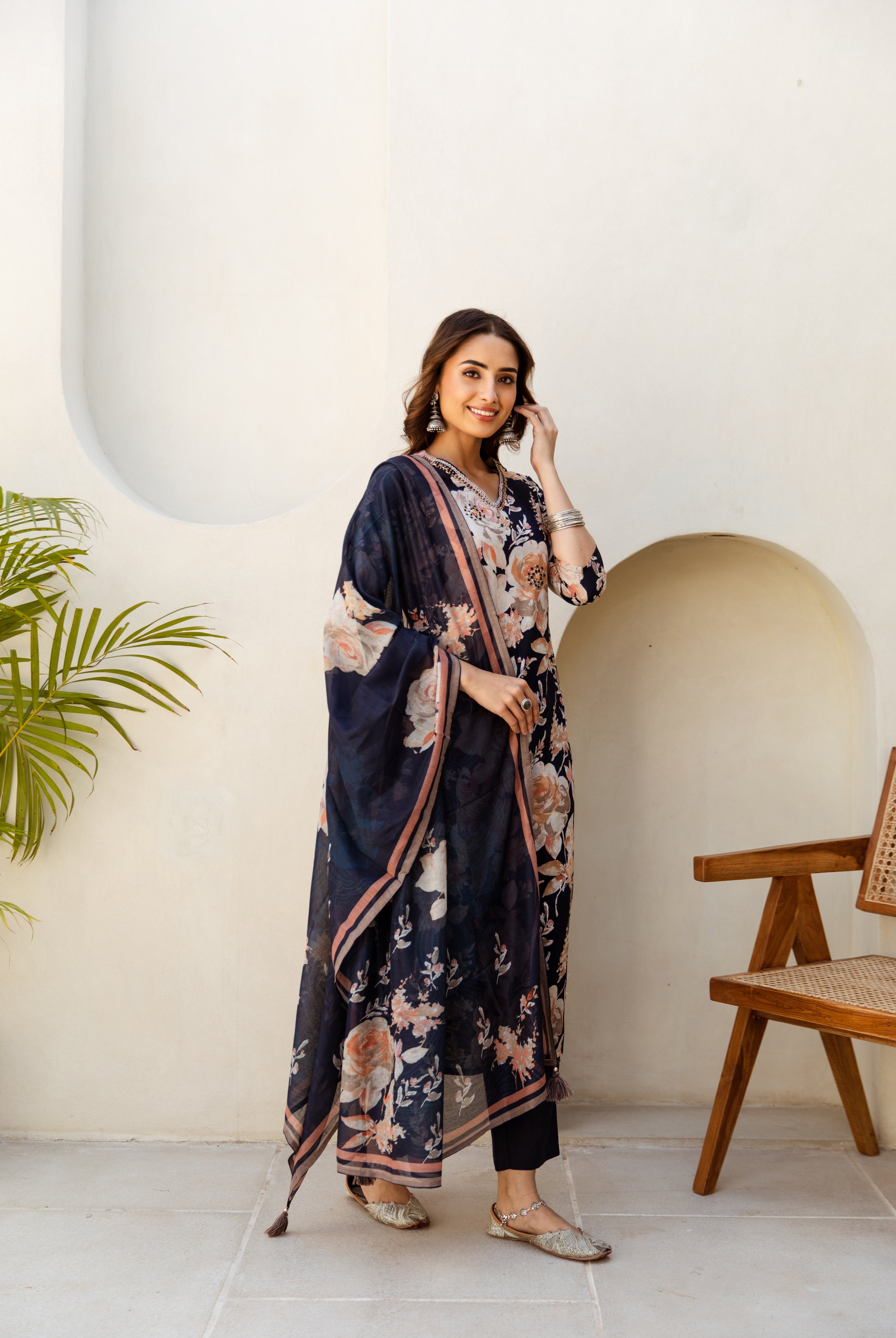 Women's Navy Blue Cotton Kurta, Pant and Dupatta Set